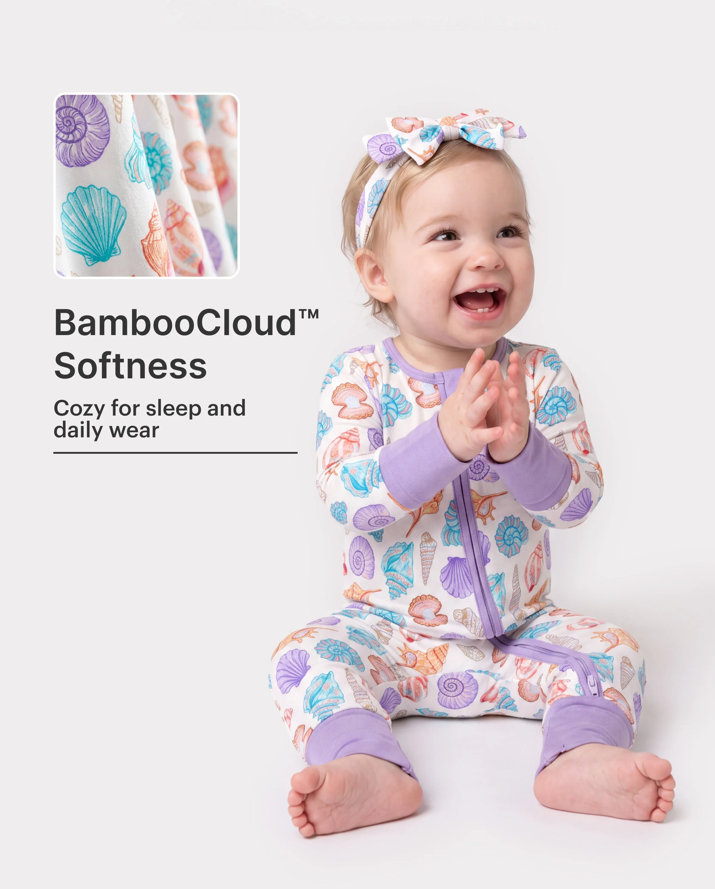 Bamboo Baby Girl Elegant Printed 2-Way Zip Onesies Anti Slip Long-sleeve Footie with Hairband Purple