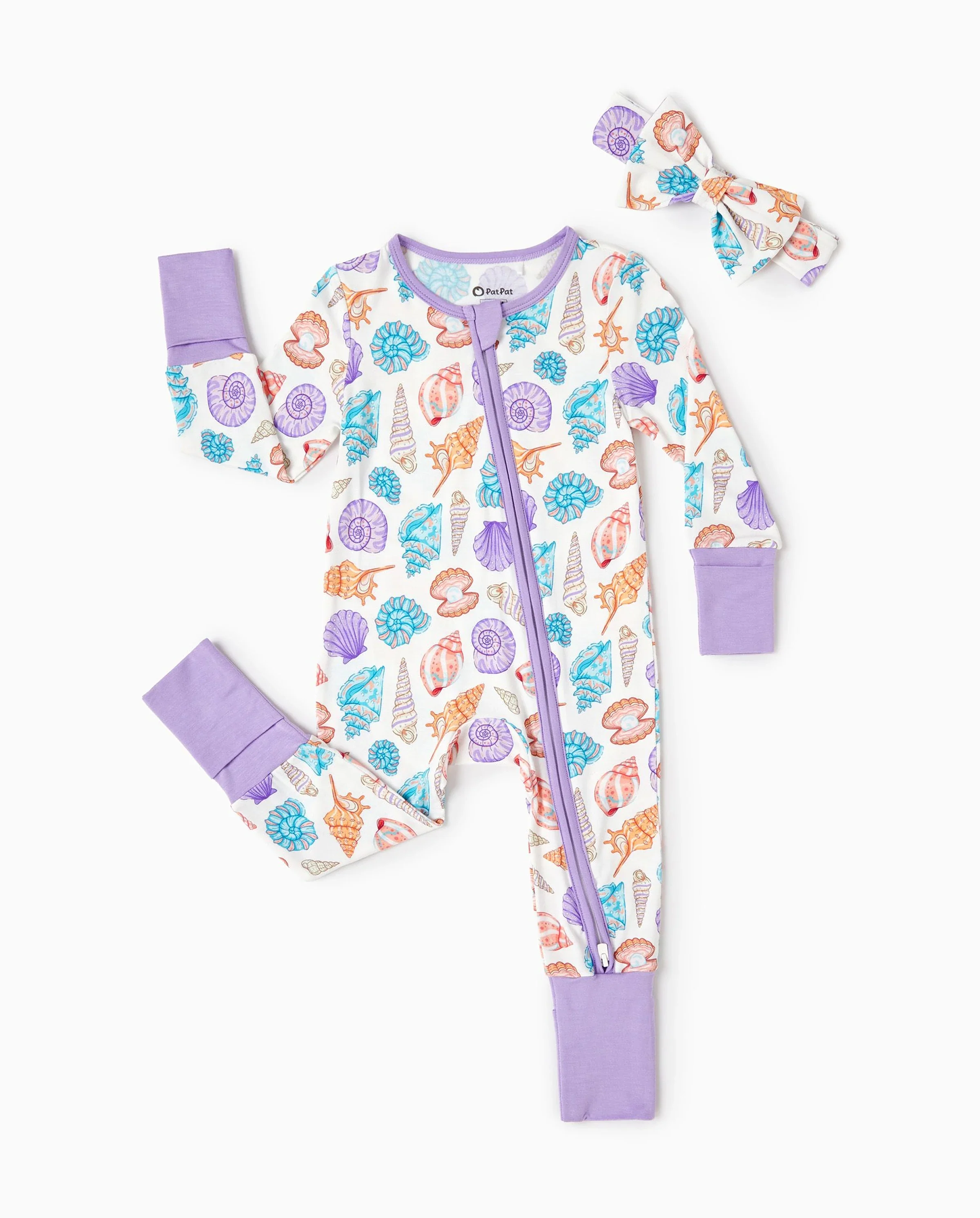 Bamboo Baby Girl Elegant Printed 2-Way Zip Onesies Anti Slip Long-sleeve Footie with Hairband Purple - Image 4