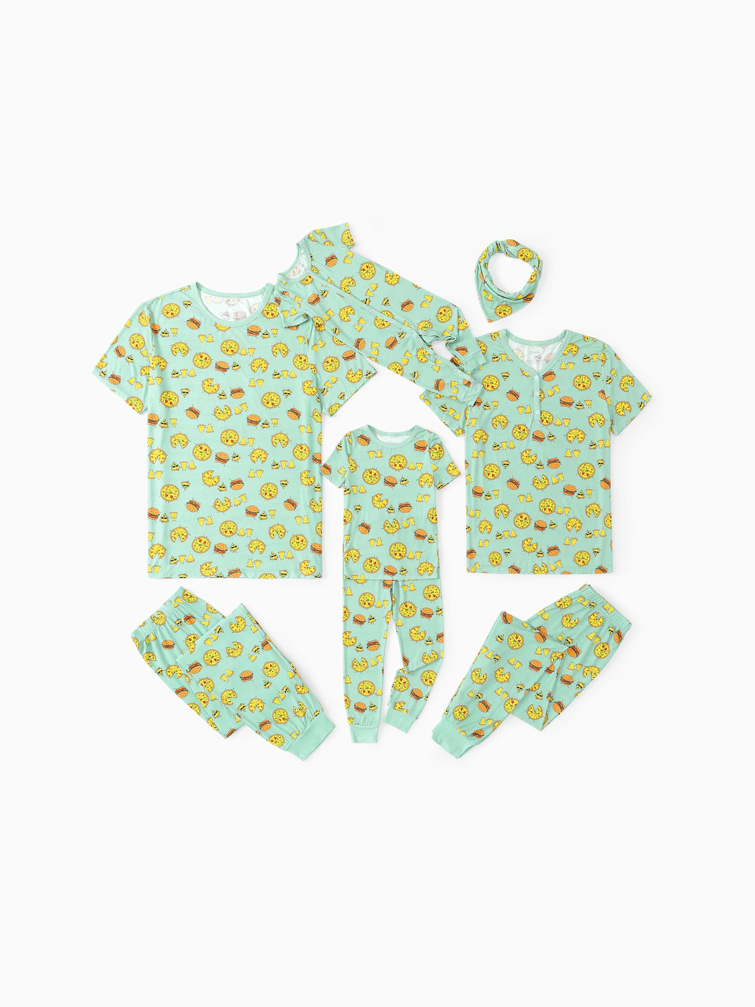 Bamboo Family Mint Green PJs Cute Cartoon Food Theme Print Short Sleeve & Long Pants Sleepwear Matching Pajama set (Snug-Fitting for Children) Light Blue - Image 2