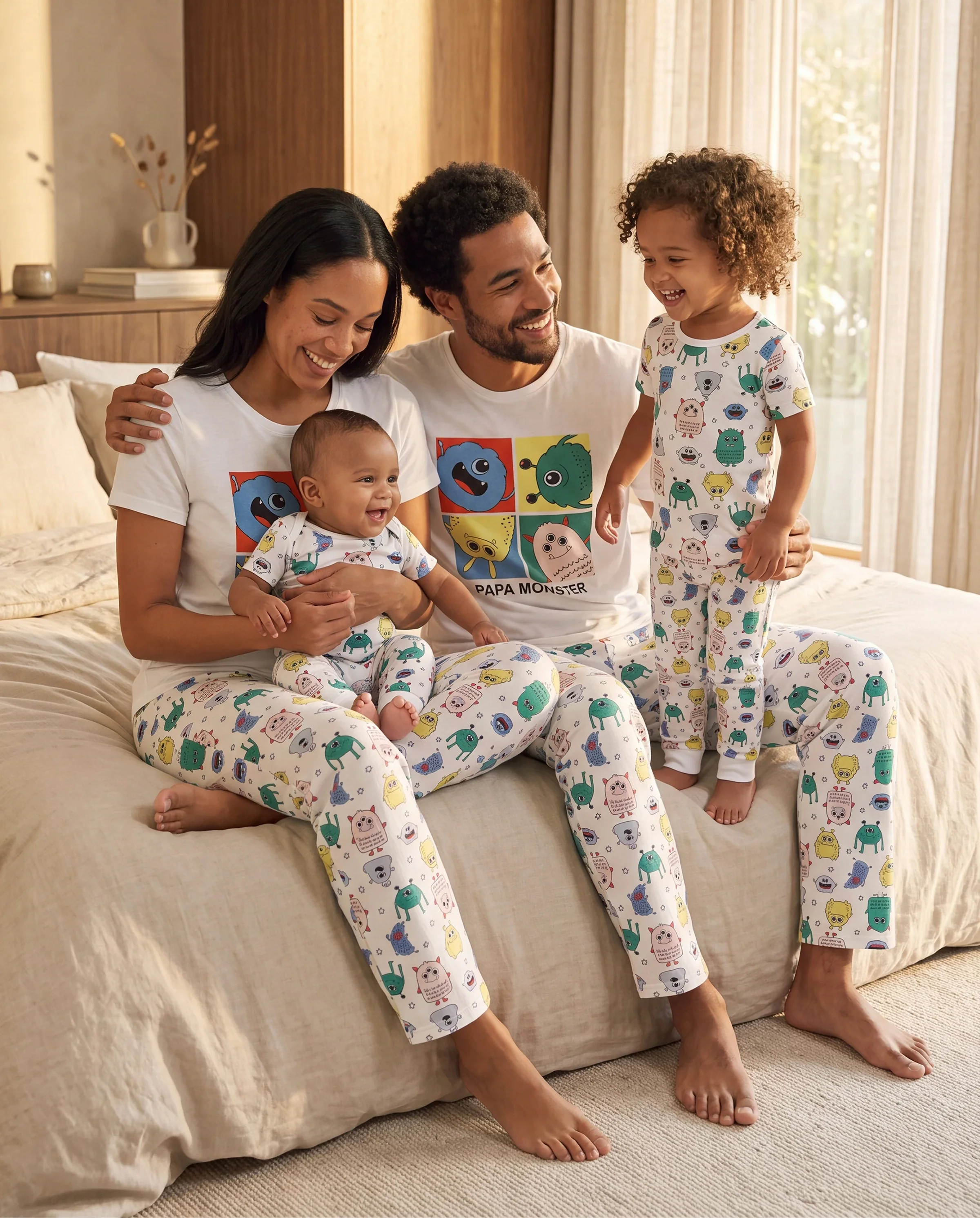 Bamboo Family Pajamas Cute Little Monster Print Short-sleeve Matching Pajama Set ( Snug-Fitting for Children ) White - Image 11