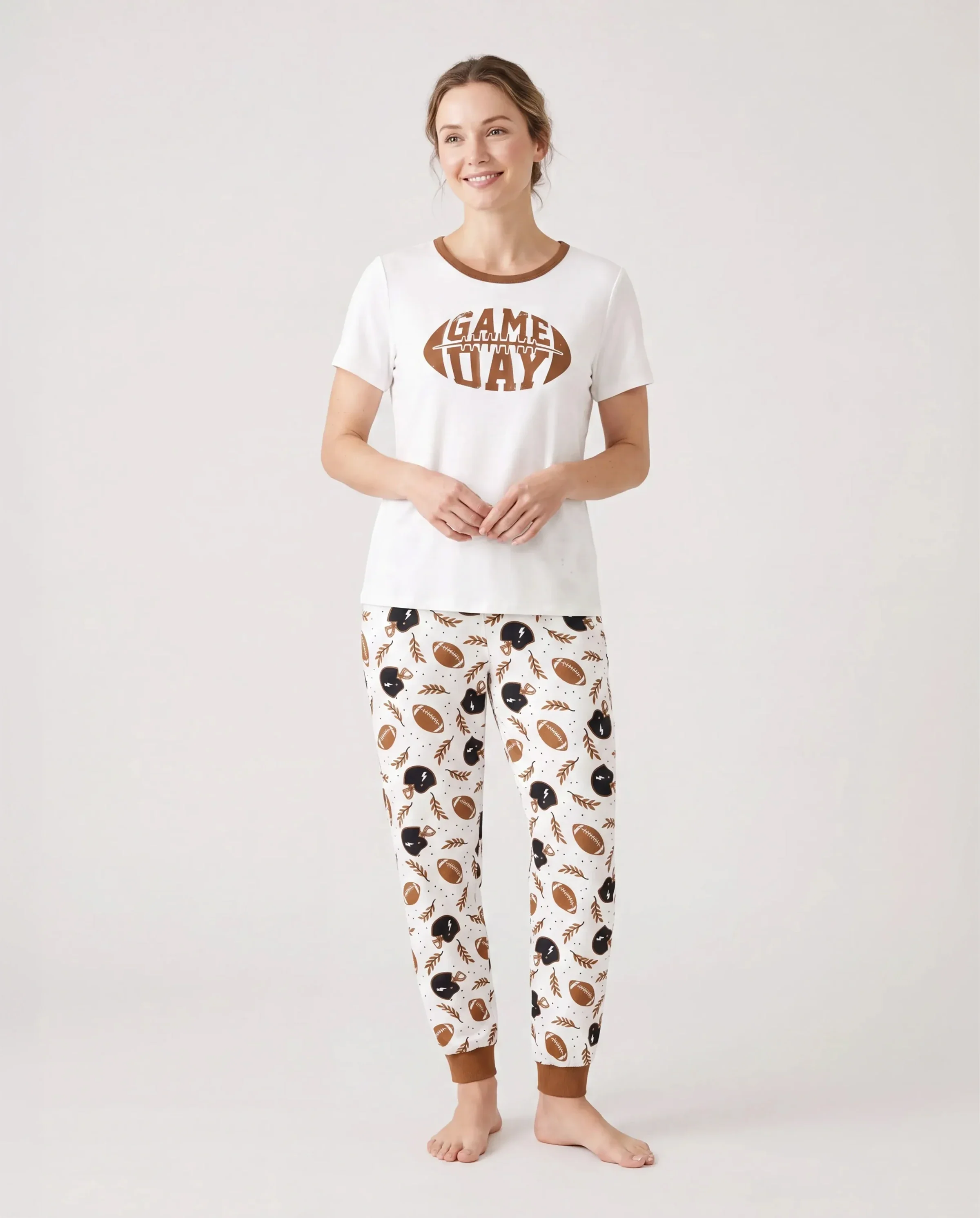 Bamboo Family Pajamas Football and Letter Print Short-sleeve Matching Pajama Set ( Snug-Fitting for Children ) Khaki - Image 2