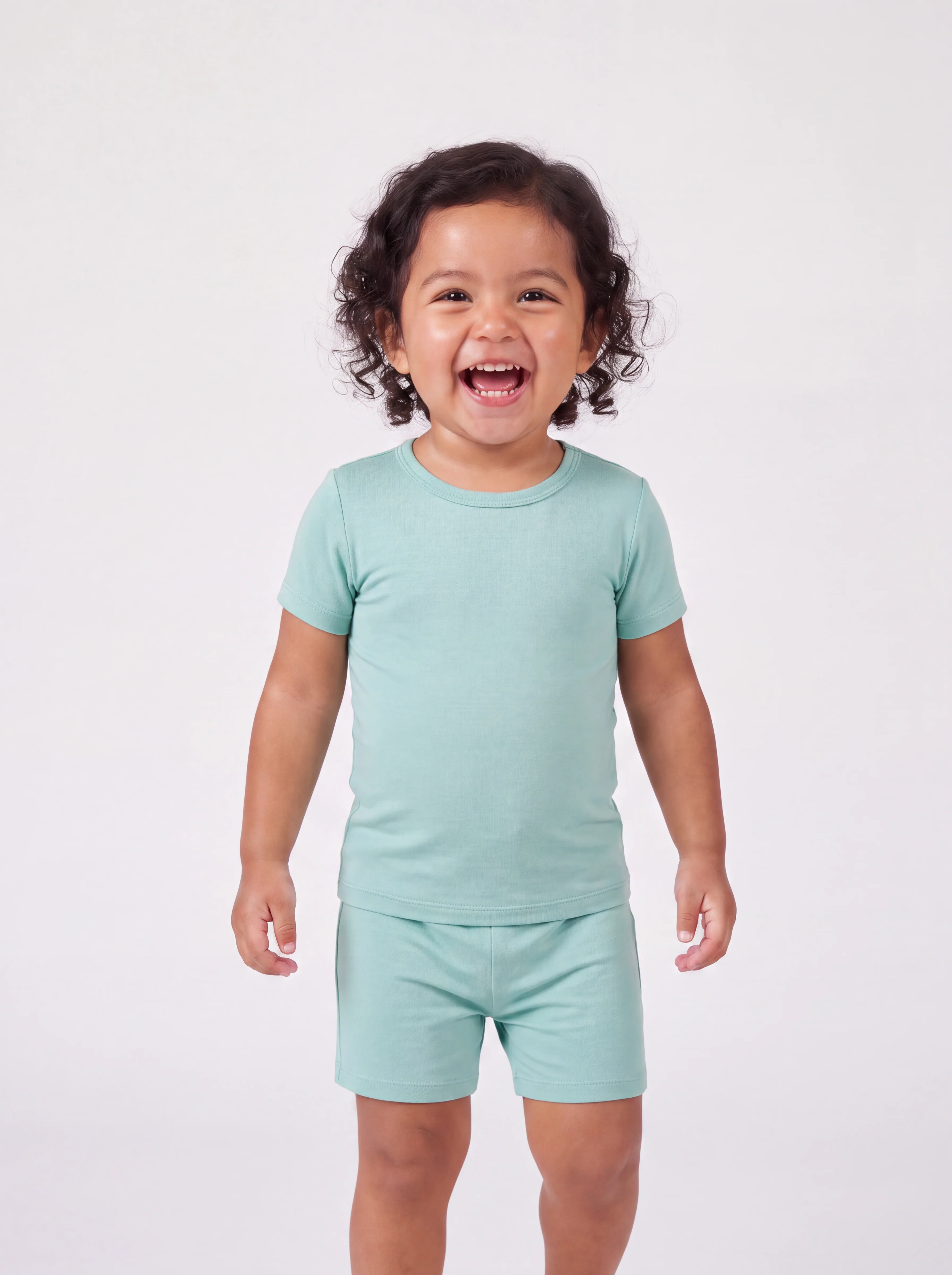 Bamboo Family Pajamas Solid Color Green Short Sleeve Matching Pajama Set ( Snug-Fitting for Children ) Green - Image 3