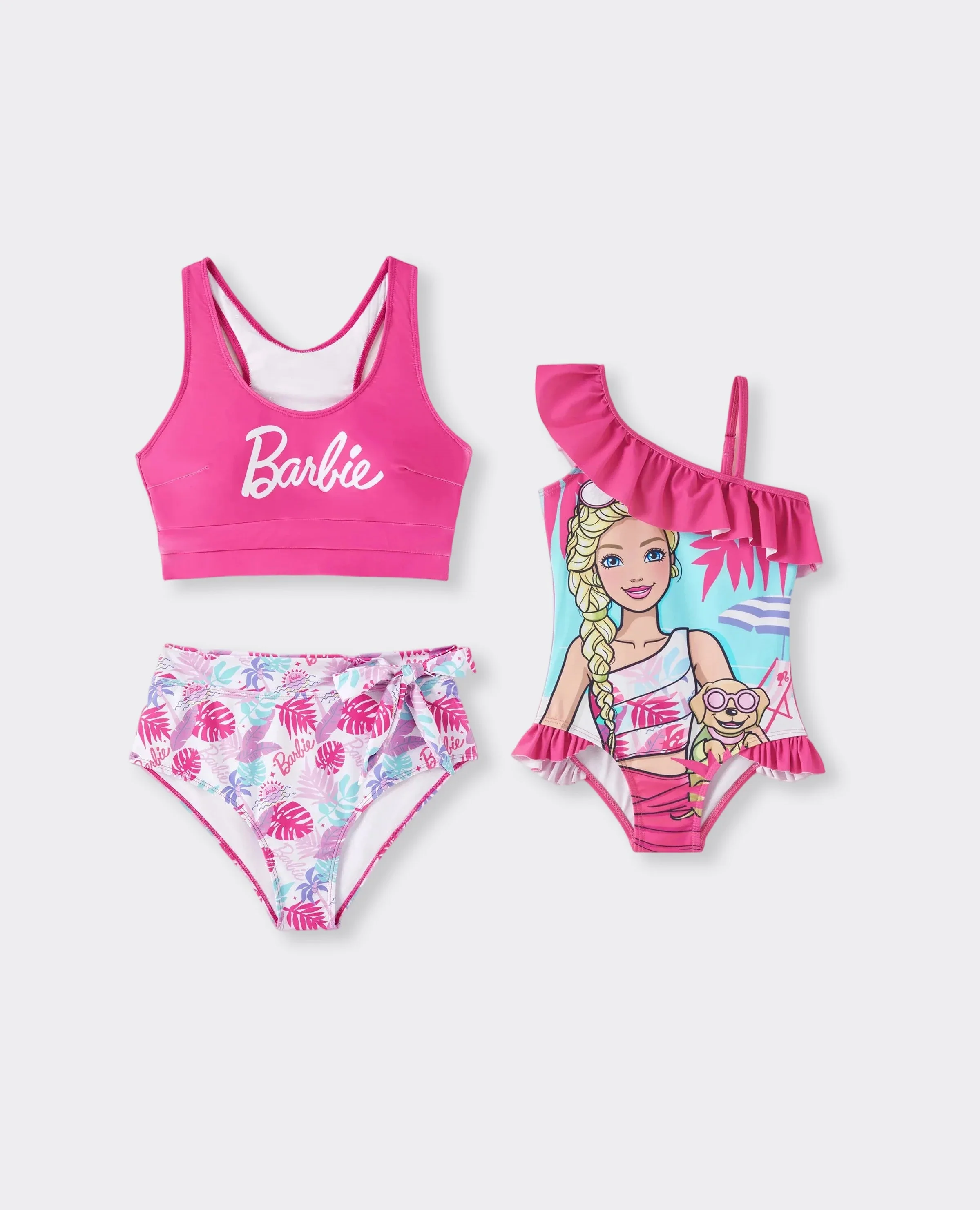 Barbie Mommy & Me Girls Ruffled Tropical Floral Print Swimsuit Hot Pink