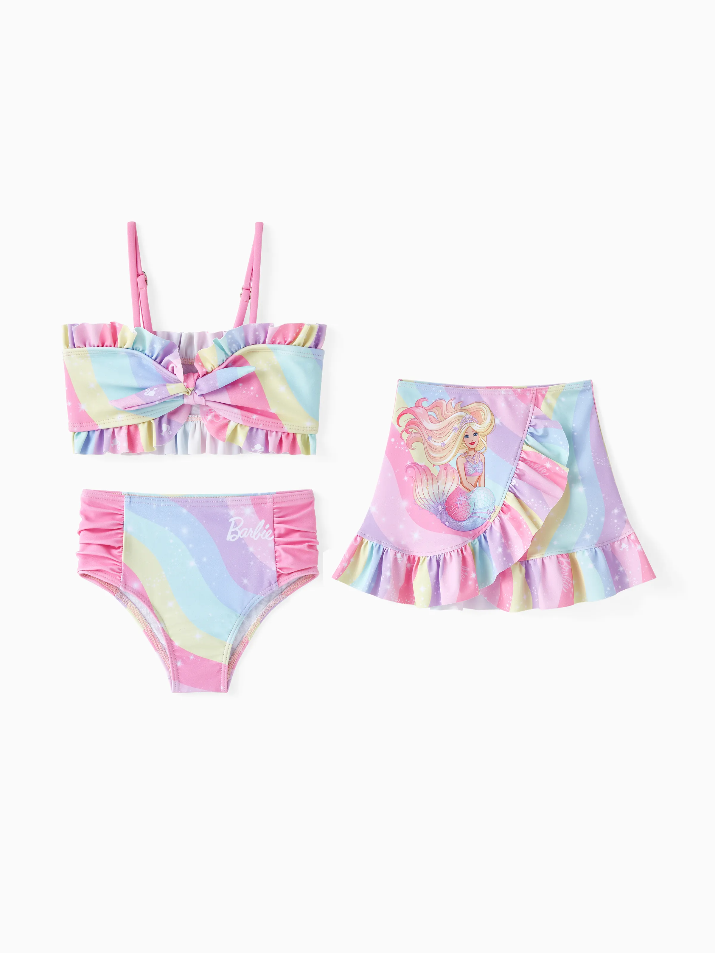 Barbie Toddler/Kid Girl 3pcs Magical Rainbow Mermaid Print Swimsuit Set Multi-color