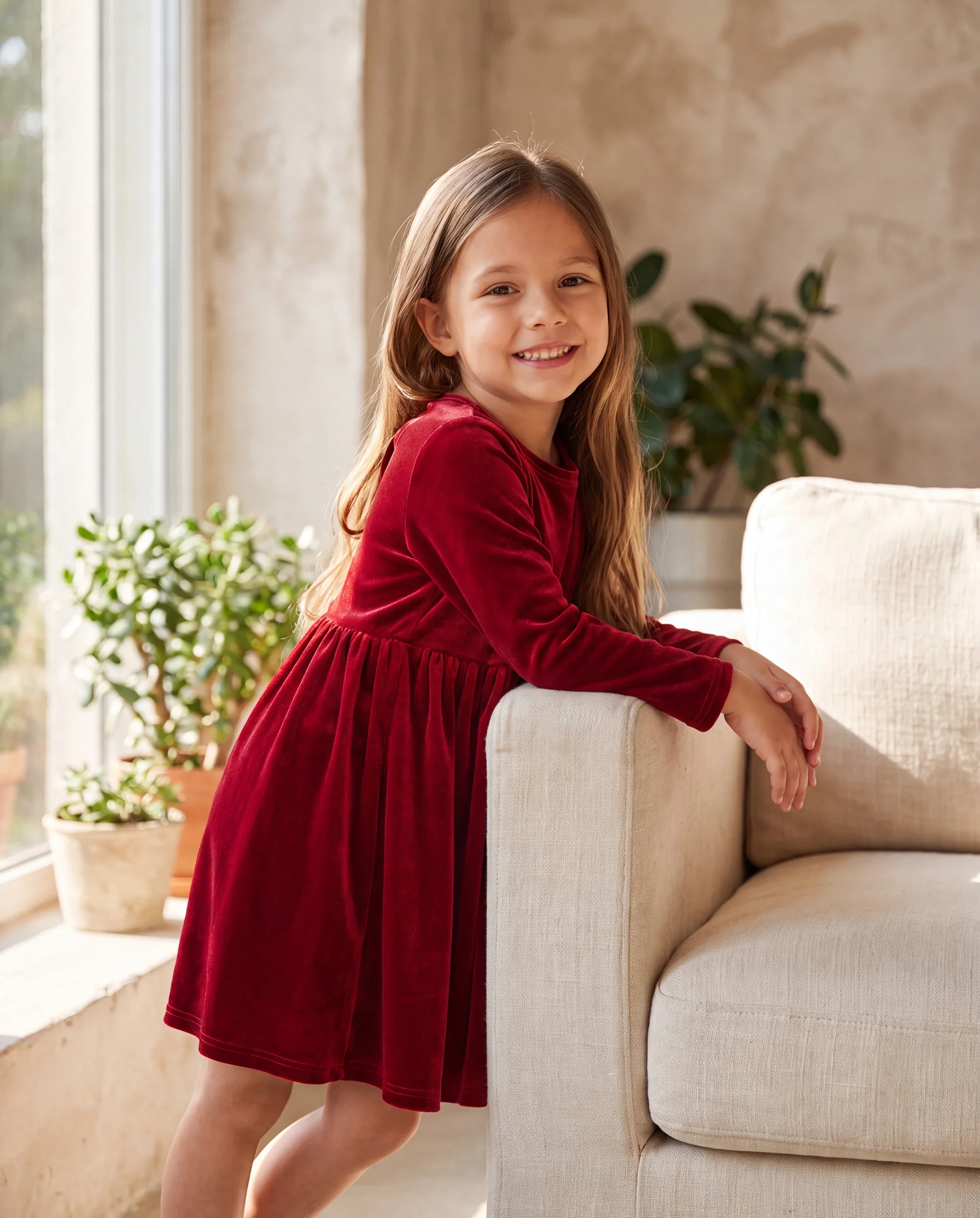 Christmas Sweet Toddler Girl Solid color Velvet material Dress Set Red - Image 7