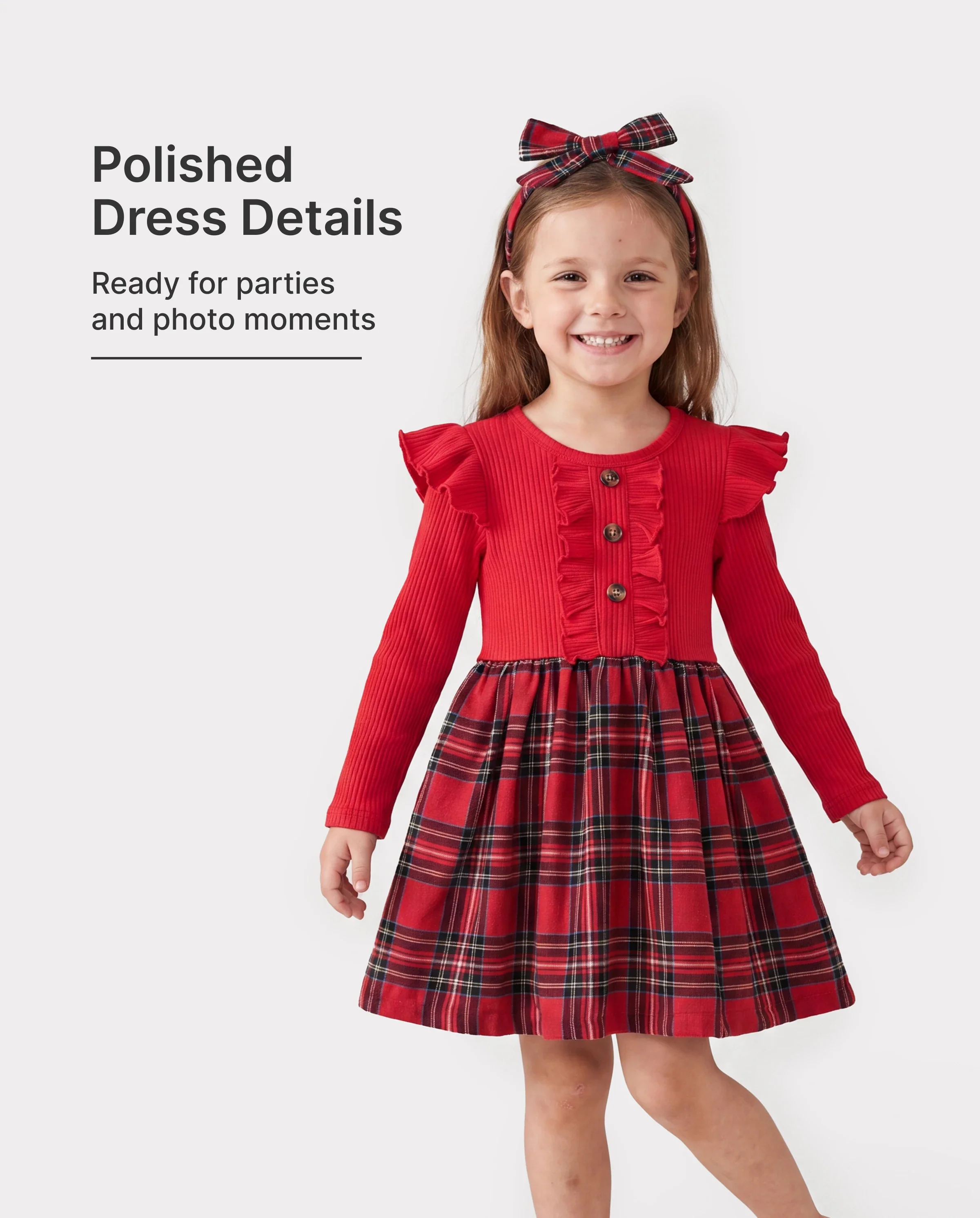 Christmas Toddler Girl Grid Print Ruffled Dress with Headband Red - Image 2