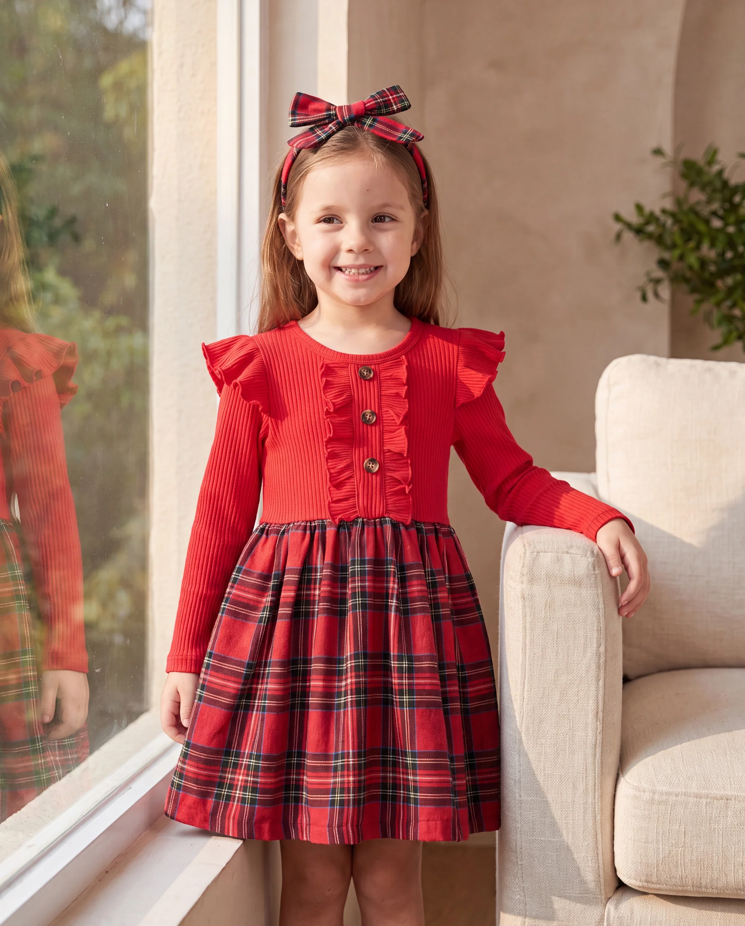 Christmas Toddler Girl Grid Print Ruffled Dress with Headband Red - Image 7
