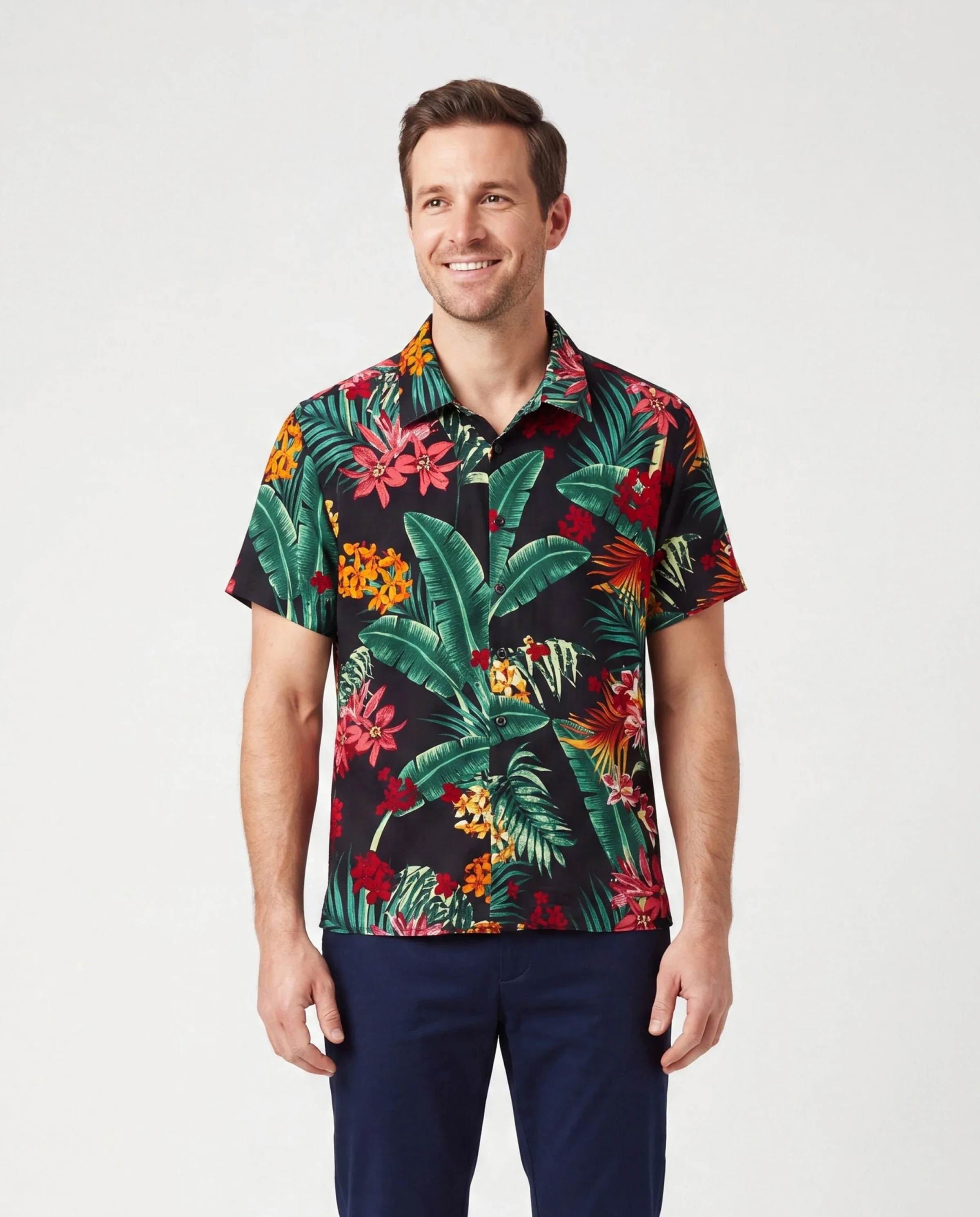 Daddy and Me Family Matching Allover Plant Floral Print Halterneck Dresses and Short-sleeve Shirts Sets Black - Image 2