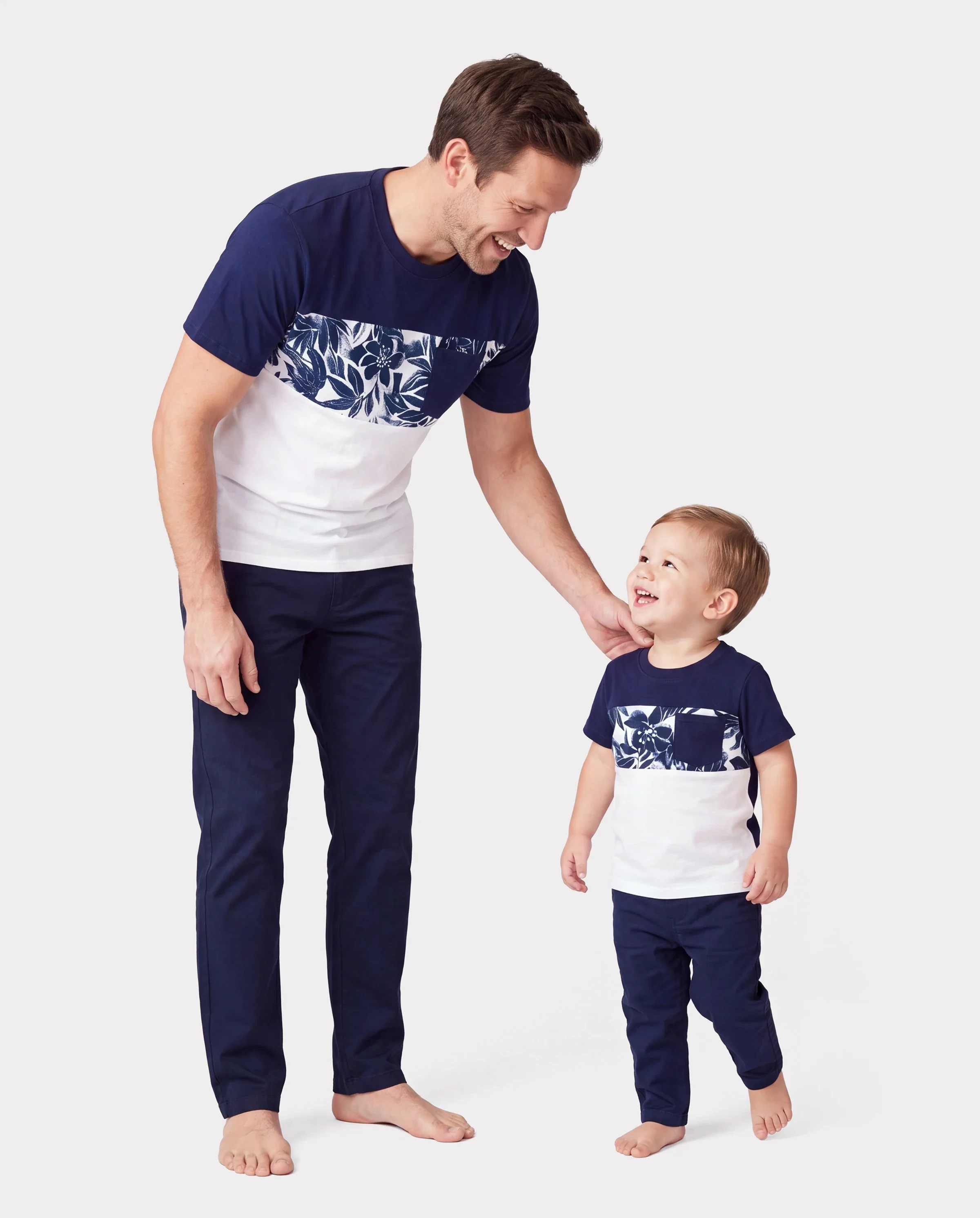 Daddy and Me Family Matching Cotton Tee Flora Print Splicing Shirt or Tank Dress Deep Blue