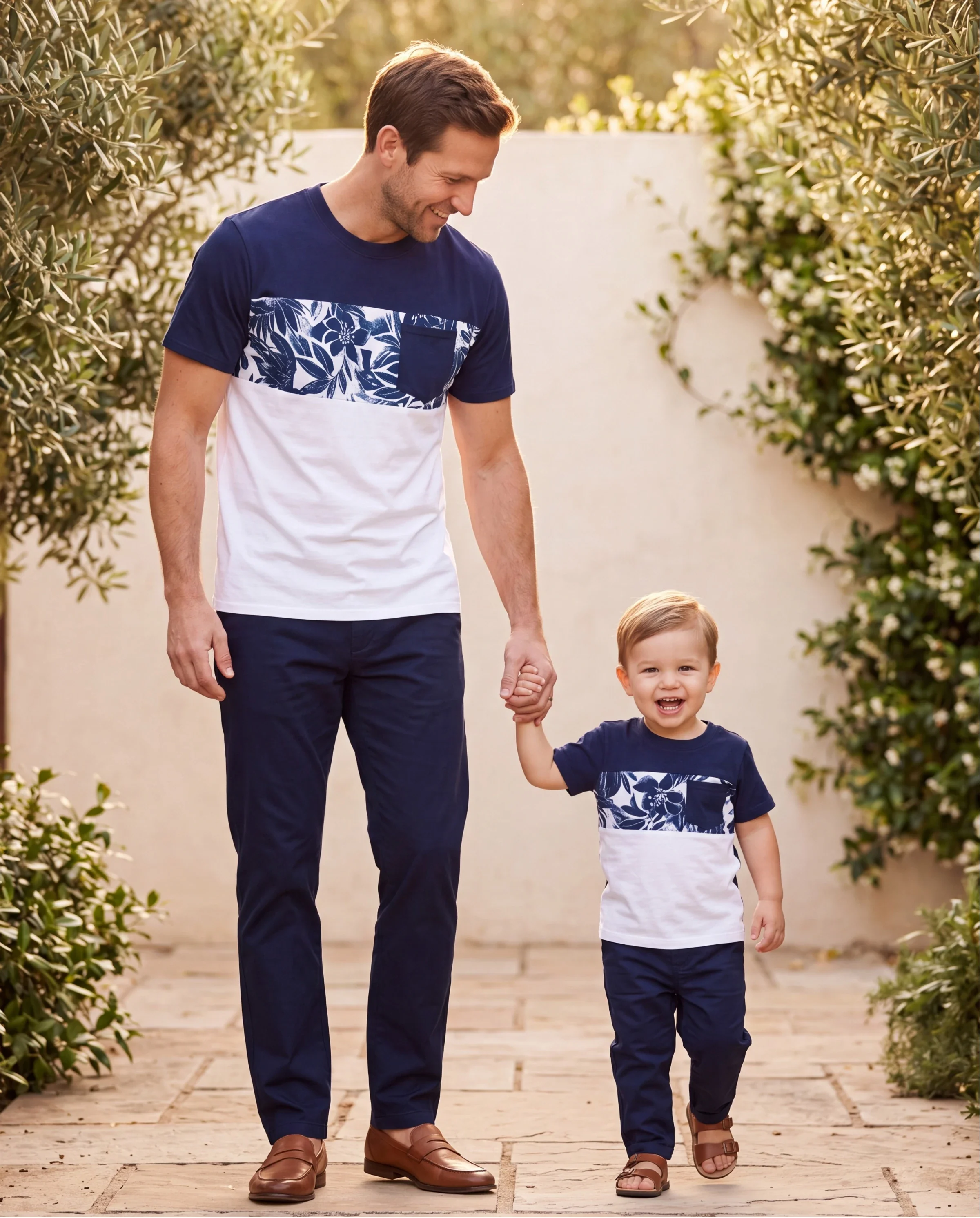 Daddy and Me Family Matching Cotton Tee Flora Print Splicing Shirt or Tank Dress Deep Blue - Image 8