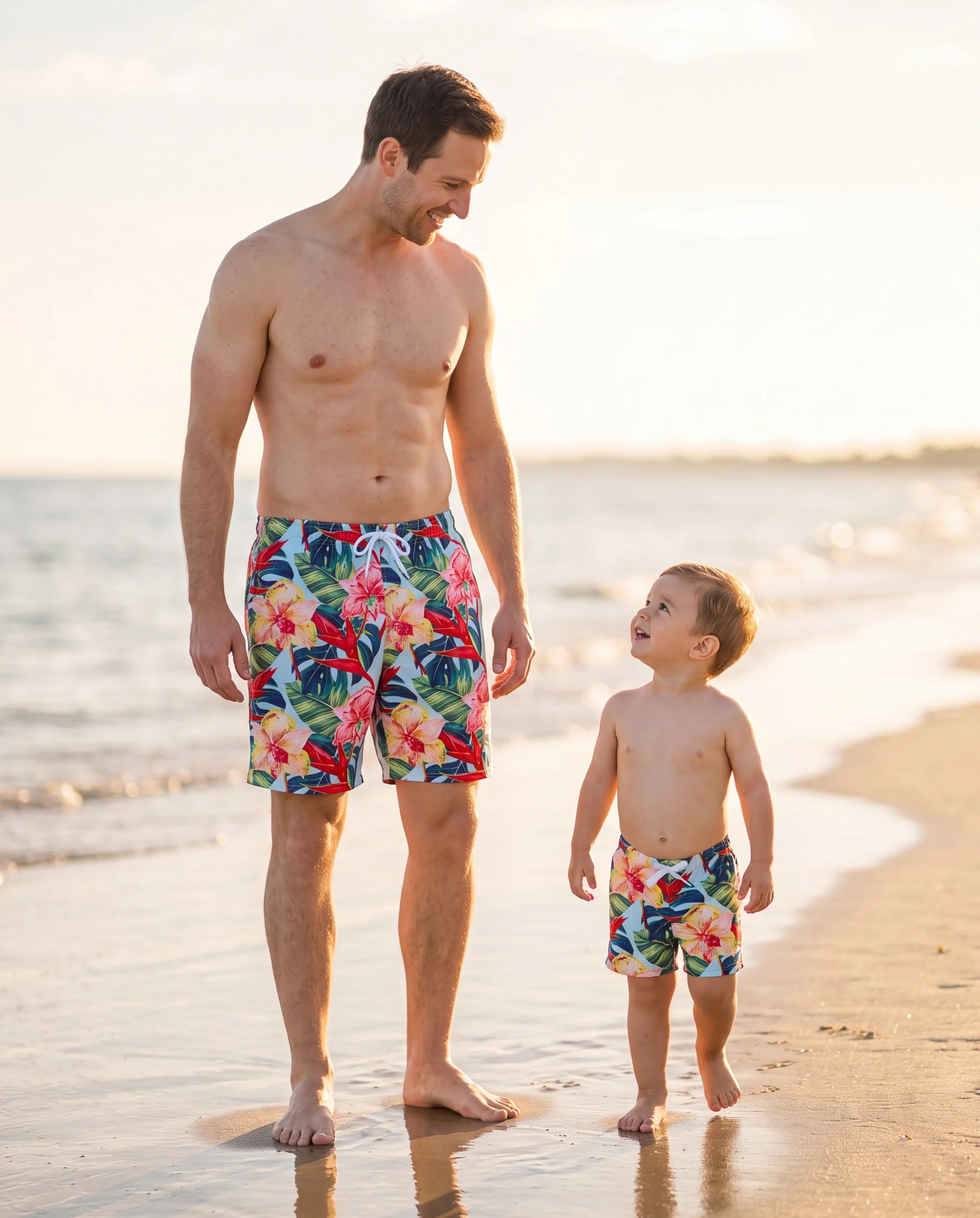 Daddy and Me Family Matching Floral Drawstring Swim Trunks or Ruched Shell Edge Bikini with Optional Swim Cover Up Red - Image 8