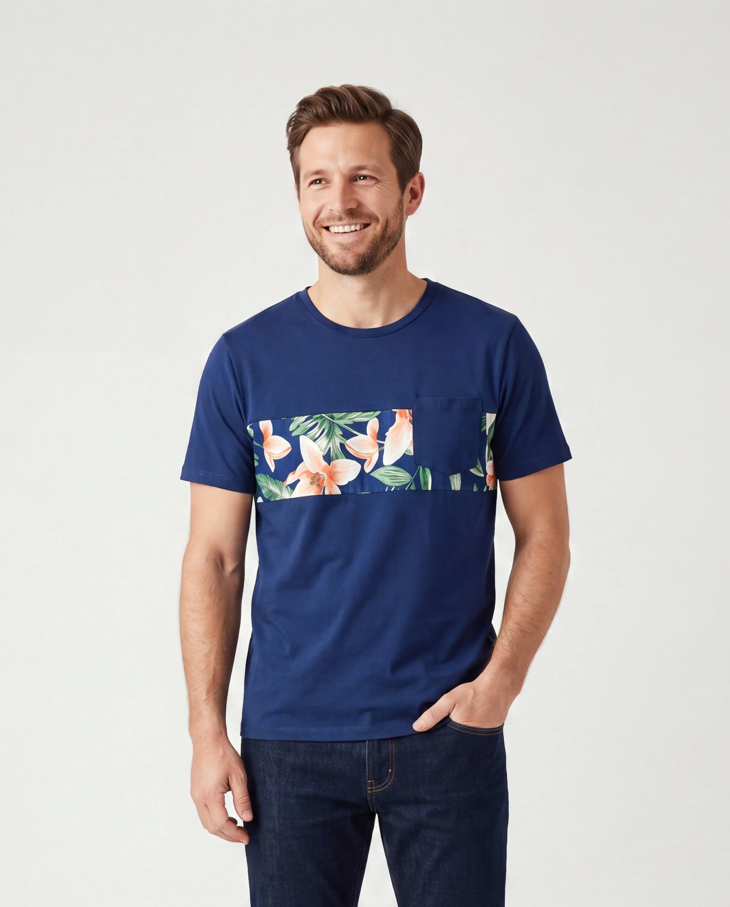 Daddy and Me Family Matching Sets Floral Panel Short-sleeve T-shirts or All Over Floral Print V Neck Spaghetti Strap Midi Dresses with Hidden Snap royalblue - Image 2