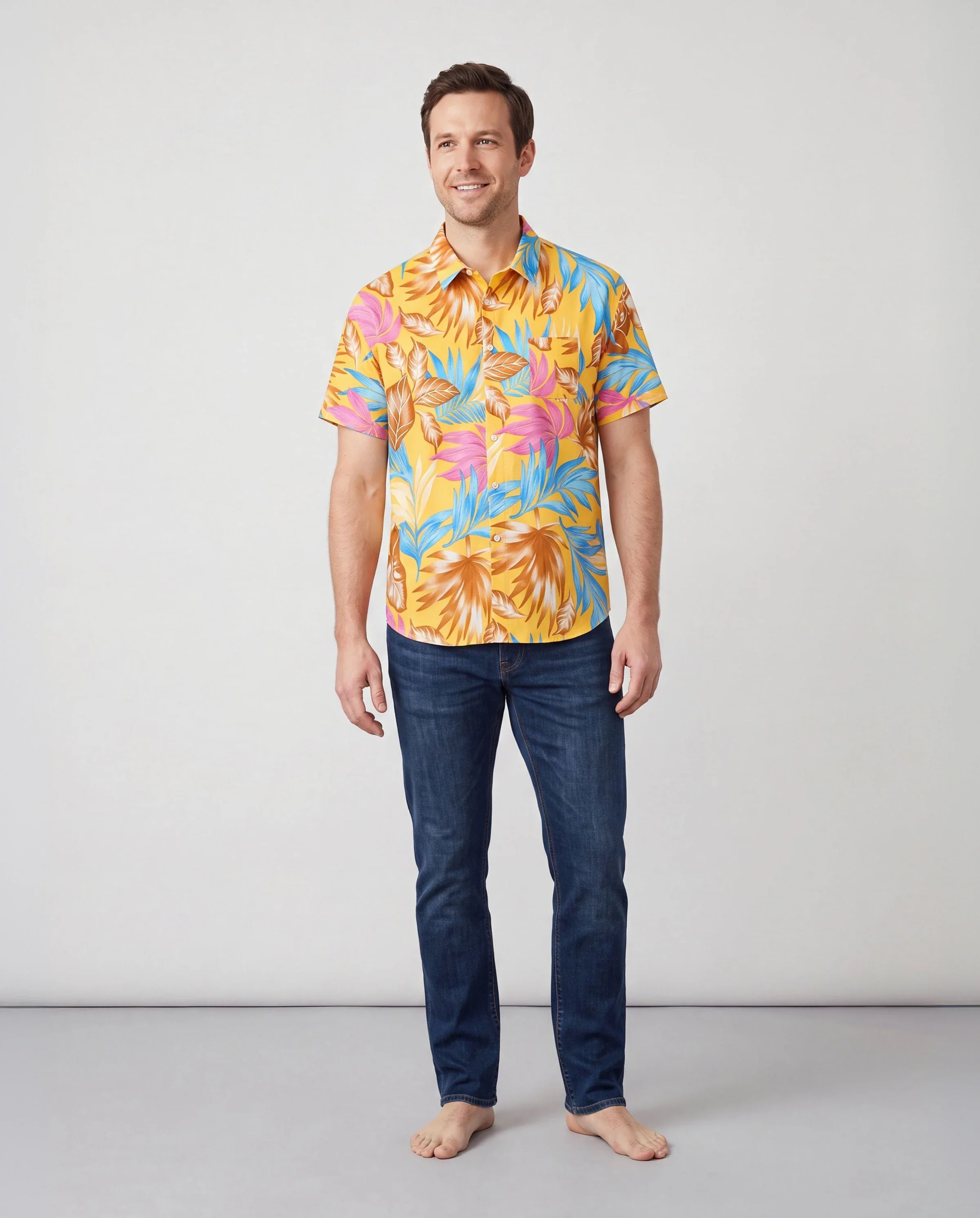 Daddy and Me Family Matching Yellow Set Tropical Leaf Print Short-sleeve Shirt or Strap Dress  Yellow - Image 2