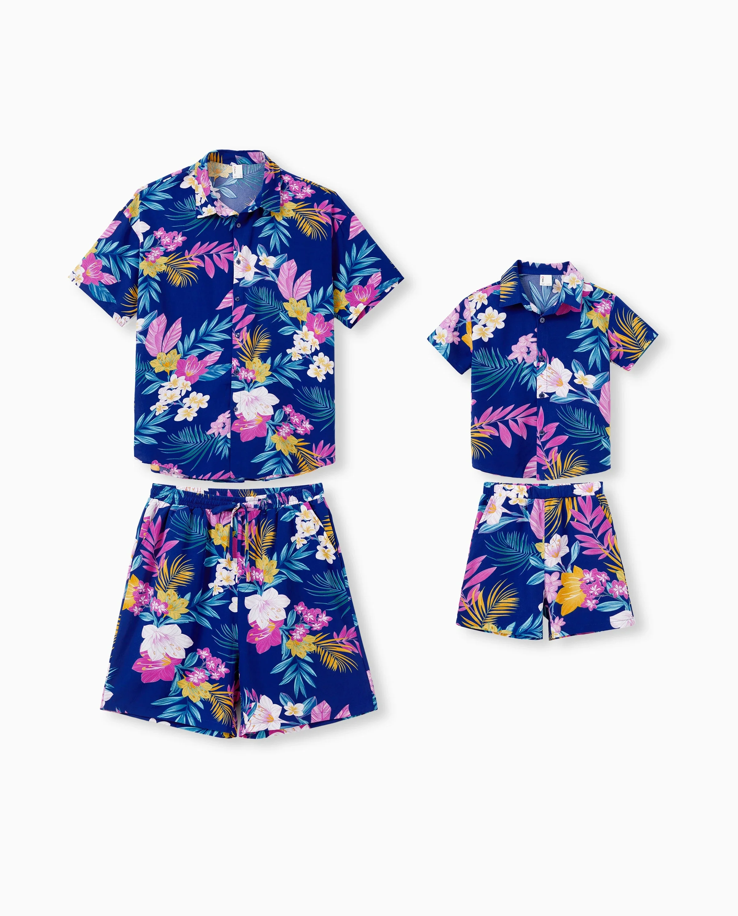 Daddy and Me Matching Family Hawaiian Outfits Tropical Floral Print Strap Dress or Short-sleeve Shirts & Shorts Set Summer Beachwear Set for Vacation  Deep Blue - Image 7
