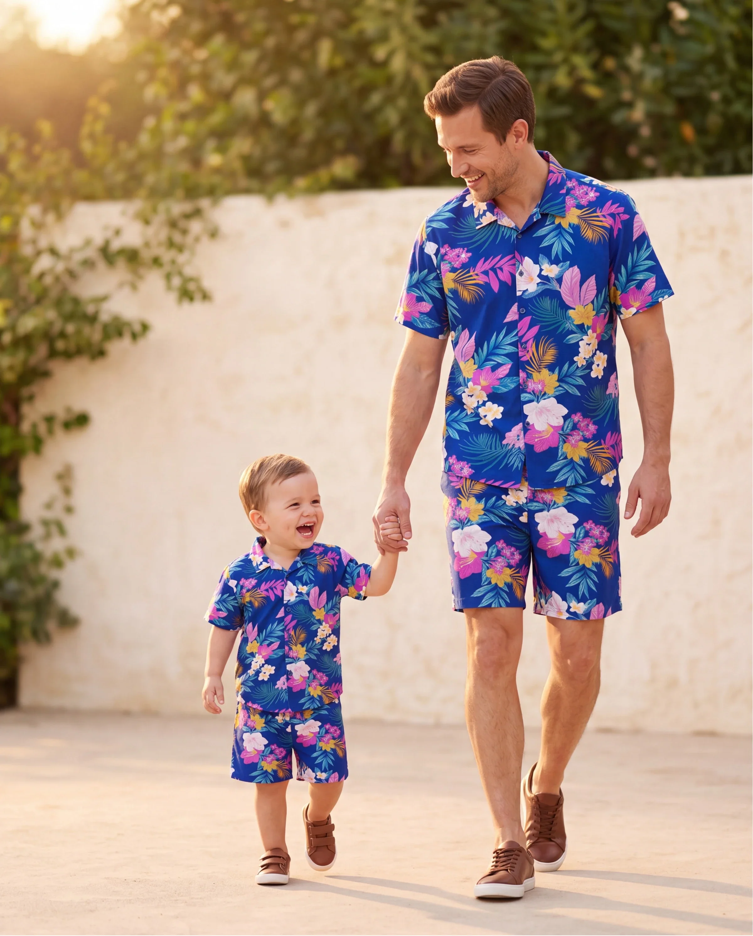 Daddy and Me Matching Family Hawaiian Outfits Tropical Floral Print Strap Dress or Short-sleeve Shirts & Shorts Set Summer Beachwear Set for Vacation  Deep Blue - Image 8