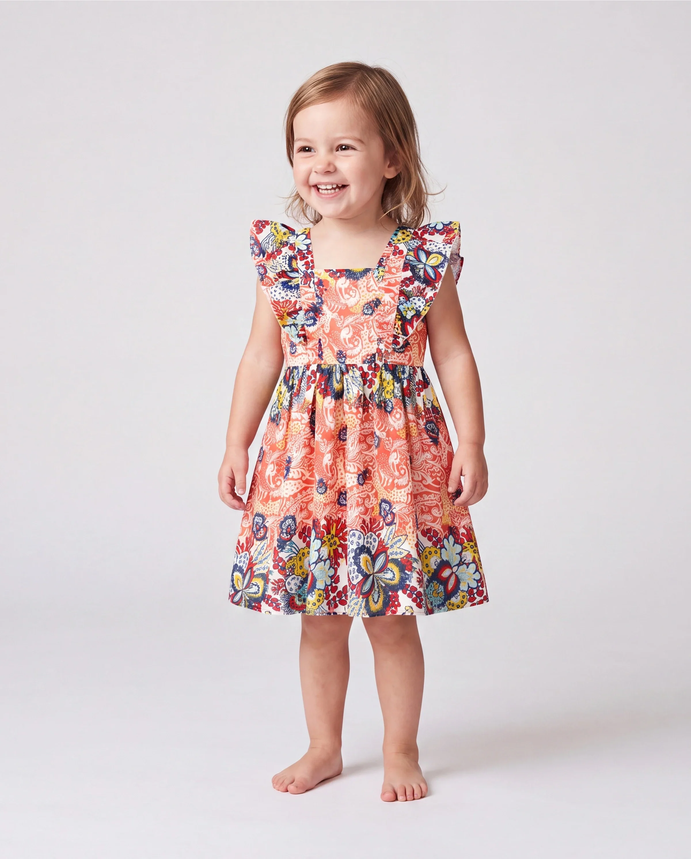 Daddy & Daughter Casual Outfit Colorblock Polo Collar T-shirt or Floral Print Flutter Sleeveless Dress Set Orange red - Image 3