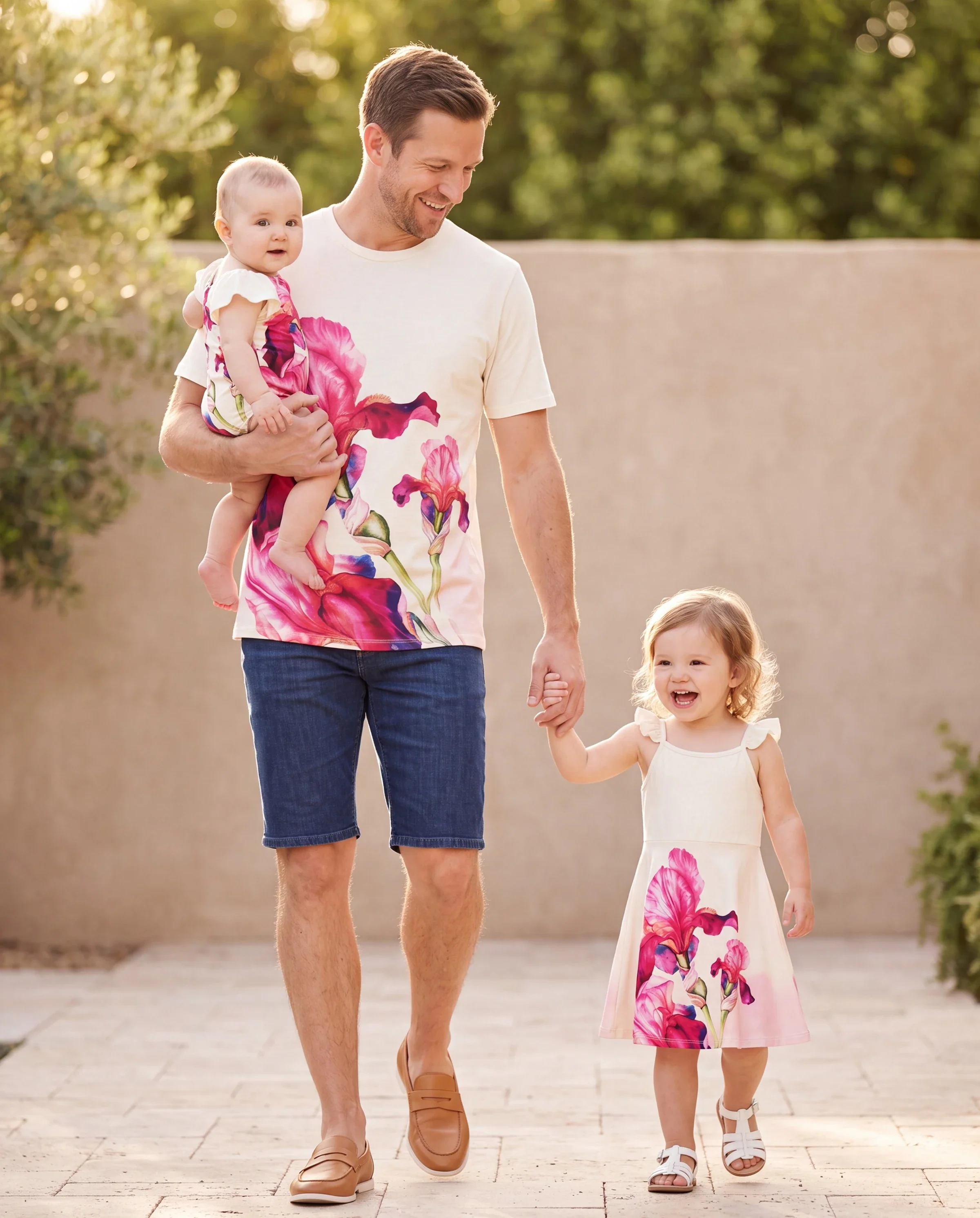 Daddy & Daughter Casual Outfit Floral Print T-shirt or Halter Dress Summer Set for Vacation Apricot - Image 9