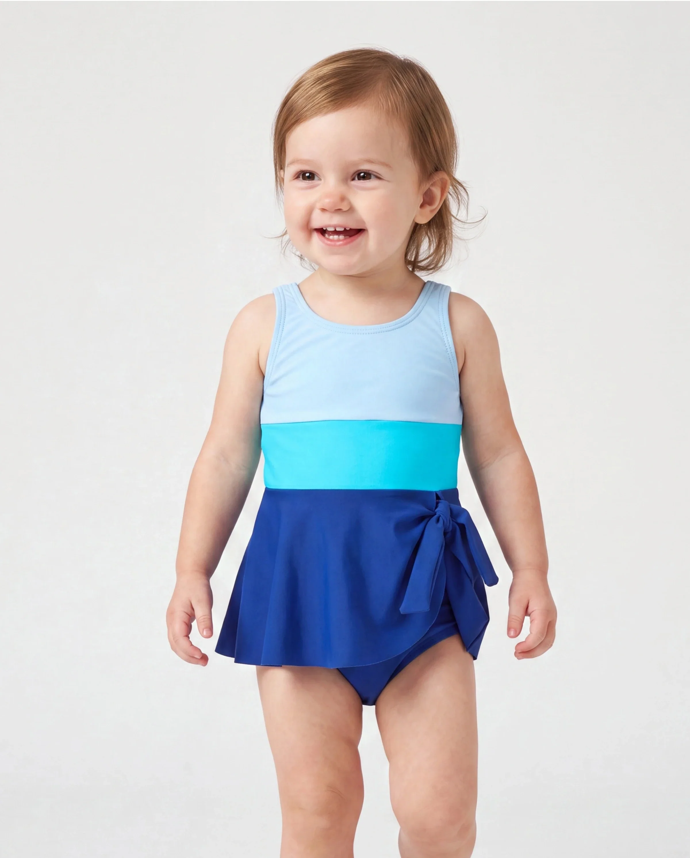 Daddy & Daughter Color Block Swimsuits One Shoulder Swim Dress / Swim Trunks Set Blue - Image 3