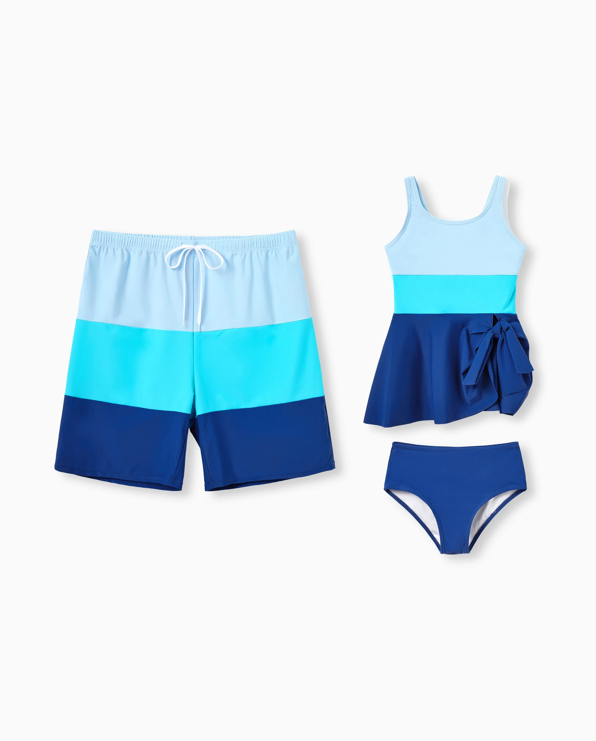 Daddy & Daughter Color Block Swimsuits One Shoulder Swim Dress / Swim Trunks Set Blue - Image 7