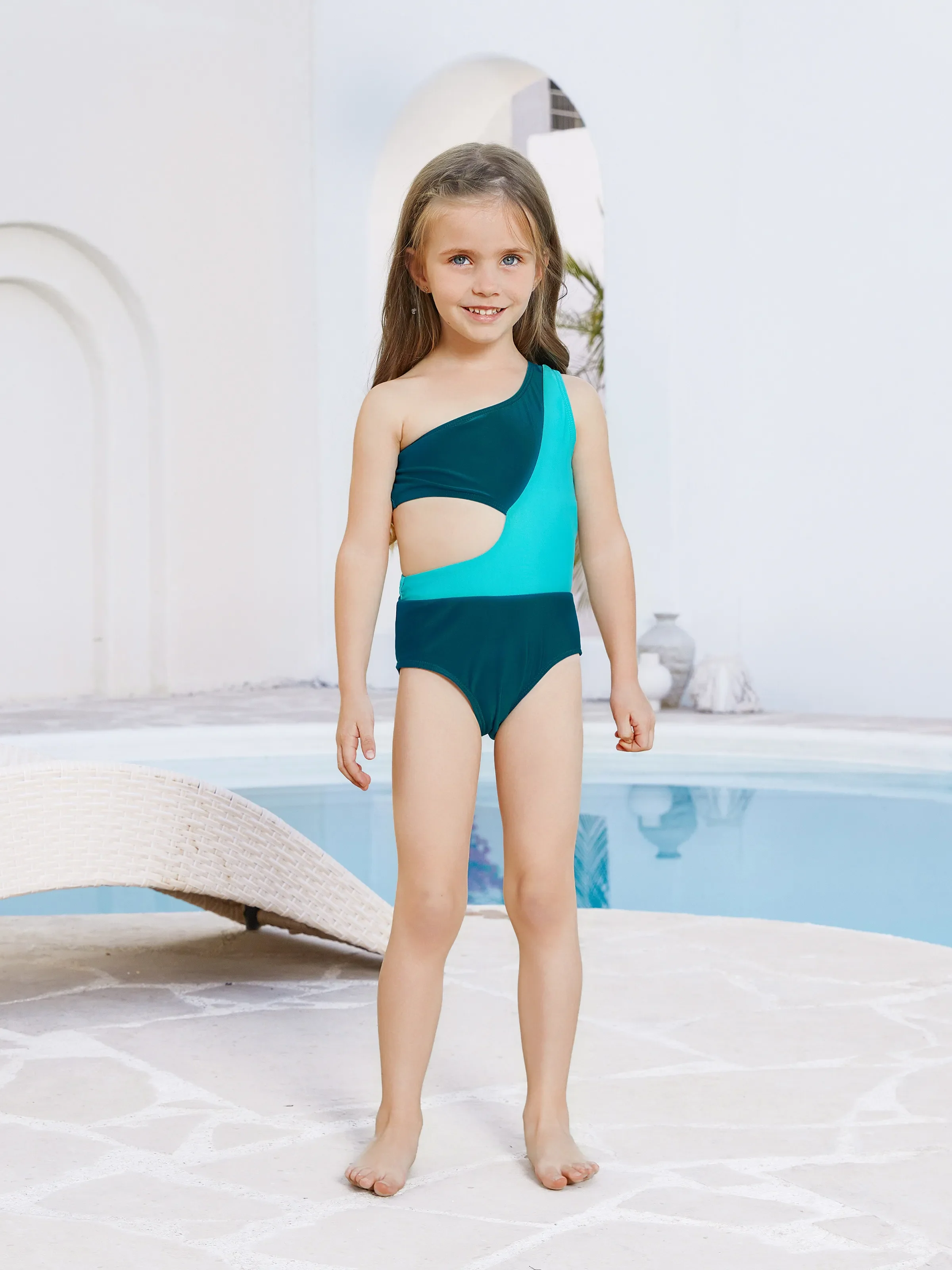 Daddy & Daughter Colorblock One Shoulder Cut Out One-piece Swimsuit and Striped Spliced Swim Trunks Shorts DeepTurquoise - Image 3