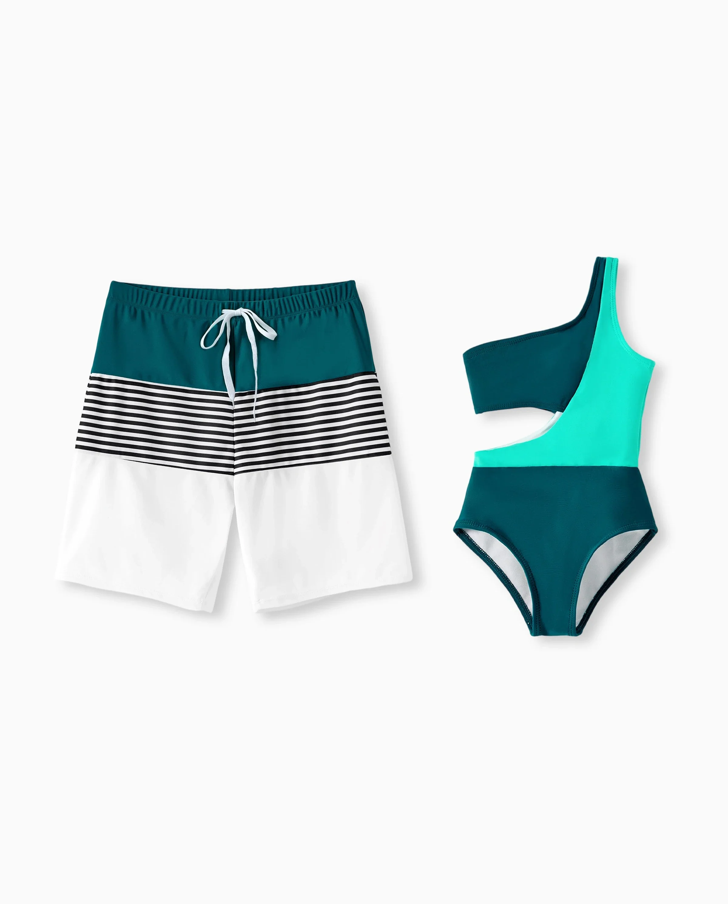 Daddy & Daughter Colorblock One Shoulder Cut Out One-piece Swimsuit and Striped Spliced Swim Trunks Shorts DeepTurquoise - Image 5