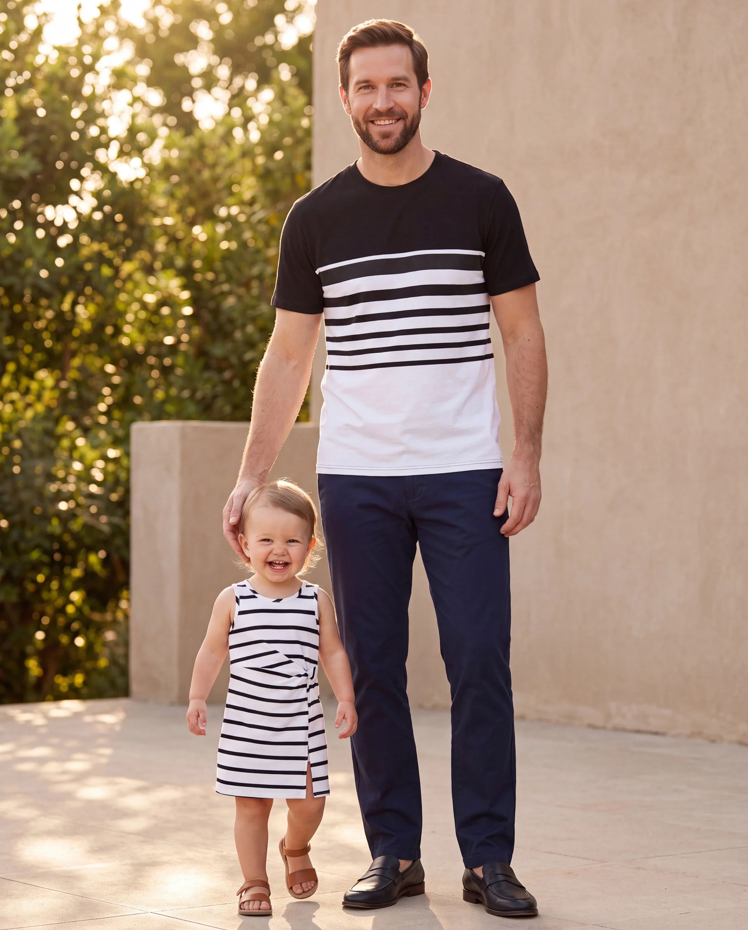 Daddy & Daughter Cotton Set Black and White Stripe T-shirt or Strap Bodycon Dress Black+White - Image 8