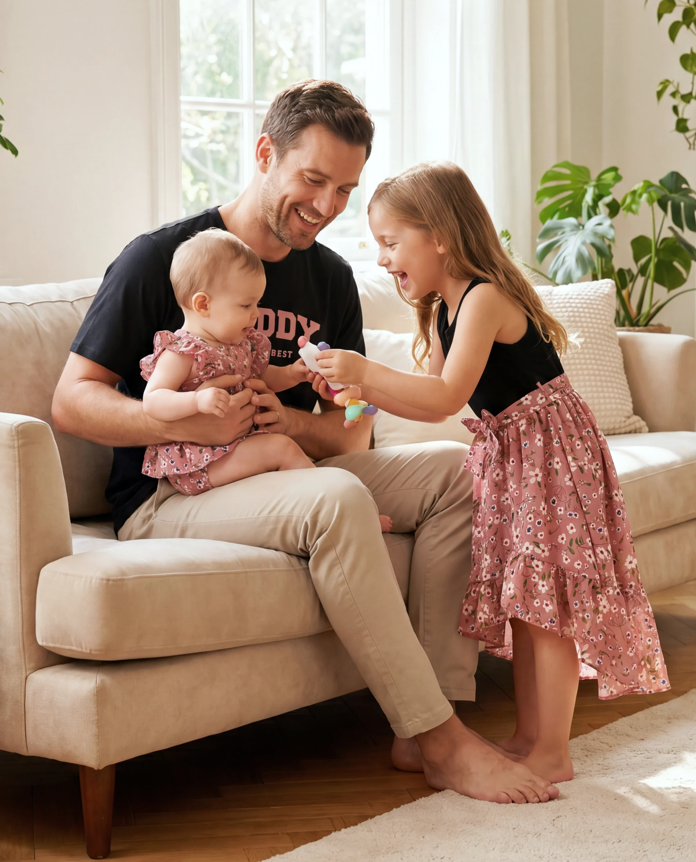 Daddy & Daughter Cotton T-Shirt & Dress Set Daddy / Mini Print Black Tee for Dad and boy, Floral Print splicing Dress for Mom, girl and Baby, Perfect for Summer Family Outings Black - Image 9