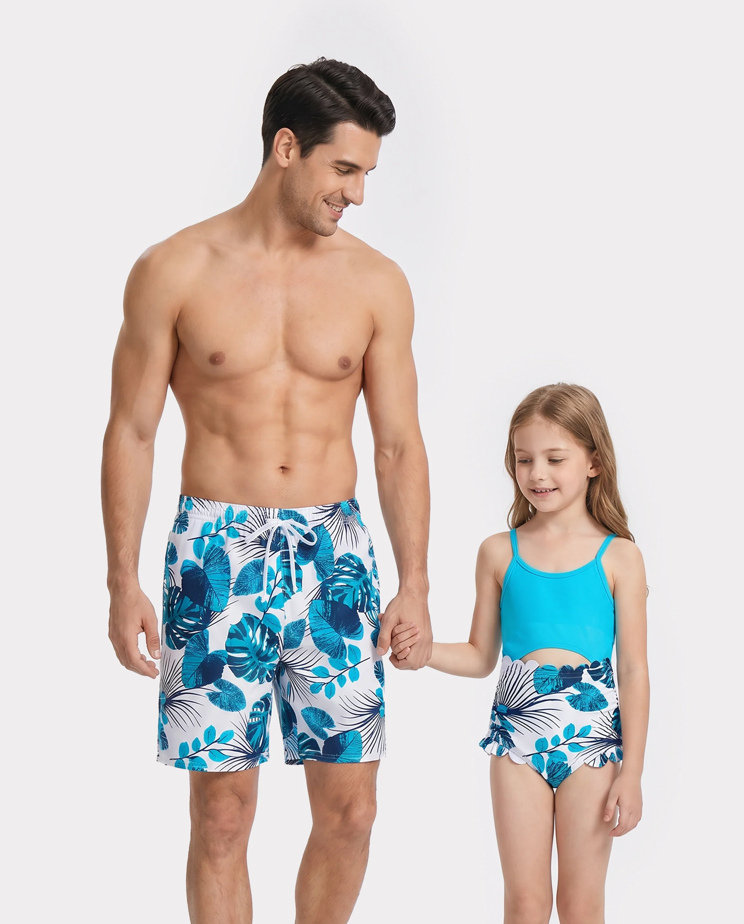 Daddy & Daughter Drawstring Swim Trunks or Cut Out Lace UP Back One-Piece Swimsuit BLUEWHITE
