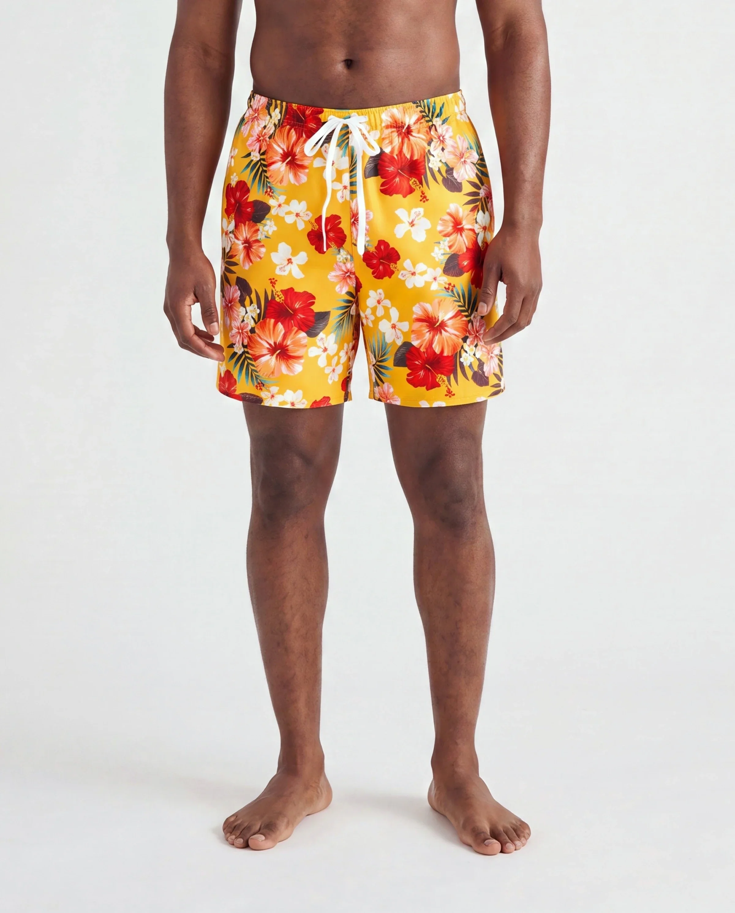 Daddy & Daughter Floral Drawstring Swim Trunks or Flowy Spliced Mesh Swim Dress with Triangle Swim Bottom Yellow - Image 2