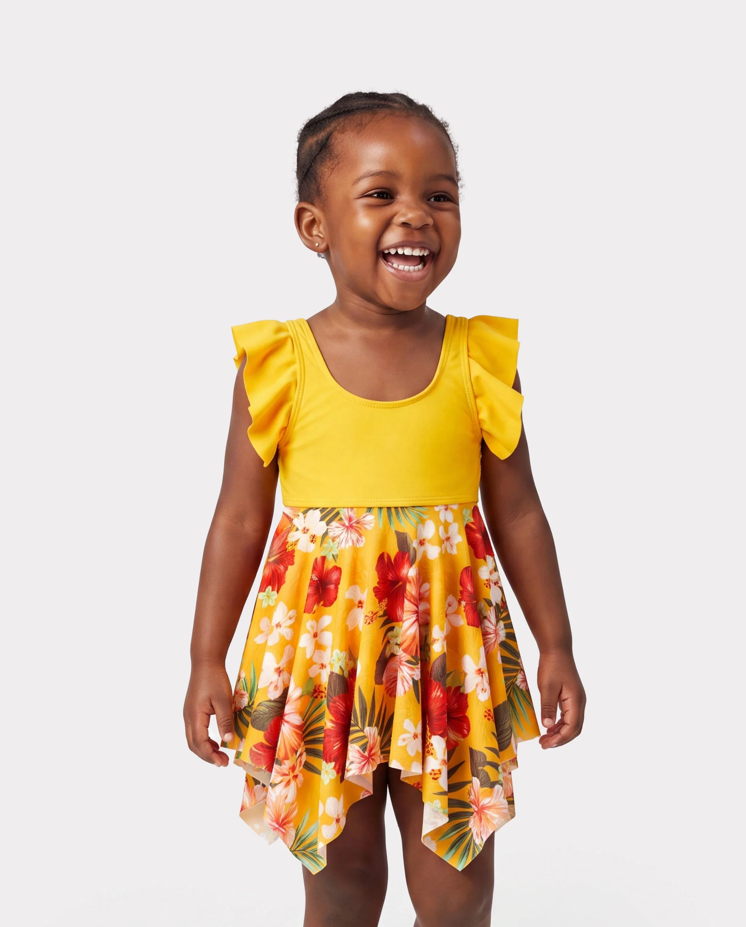 Daddy & Daughter Floral Drawstring Swim Trunks or Flowy Spliced Mesh Swim Dress with Triangle Swim Bottom Yellow - Image 3