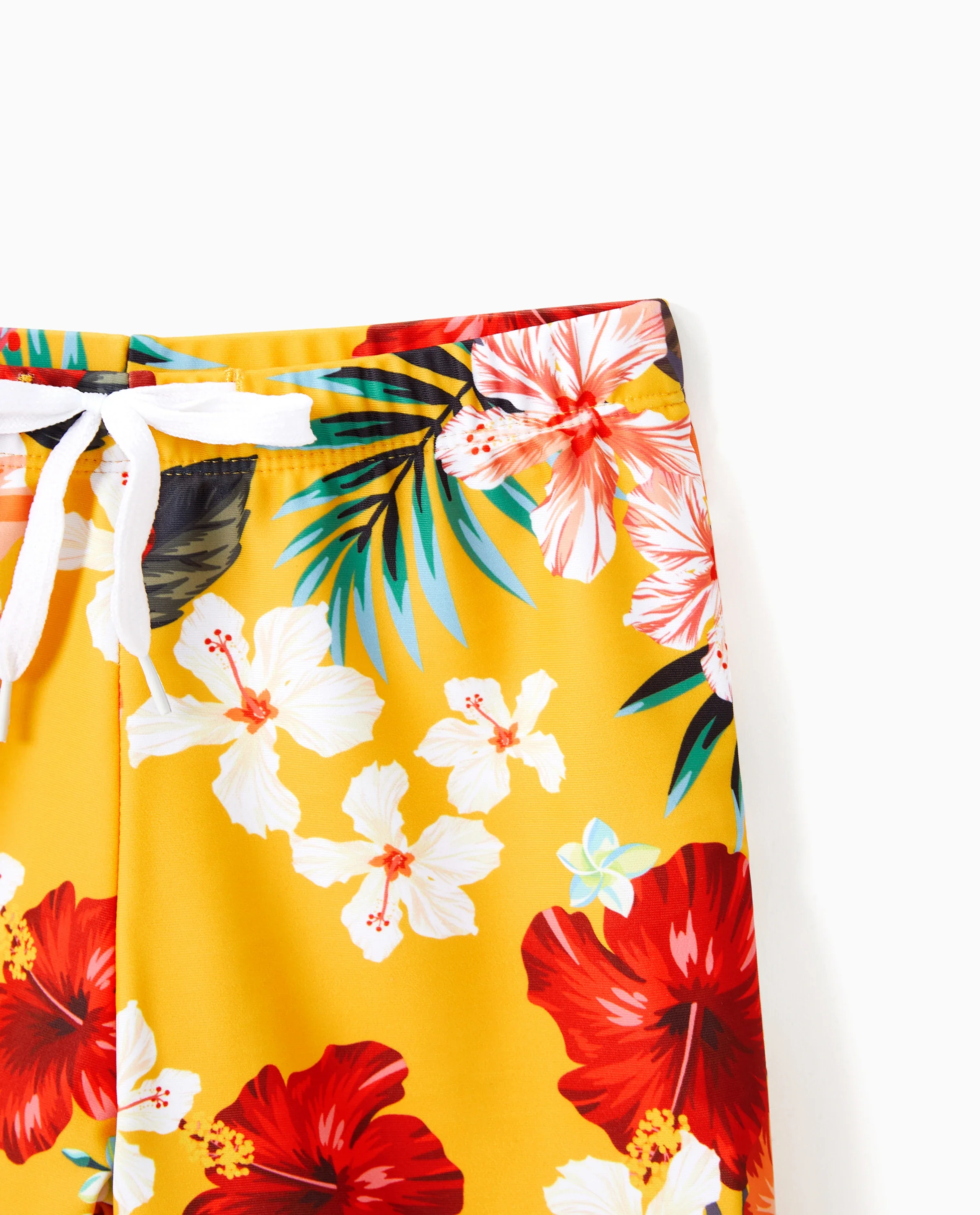 Daddy & Daughter Floral Drawstring Swim Trunks or Flowy Spliced Mesh Swim Dress with Triangle Swim Bottom Yellow - Image 5