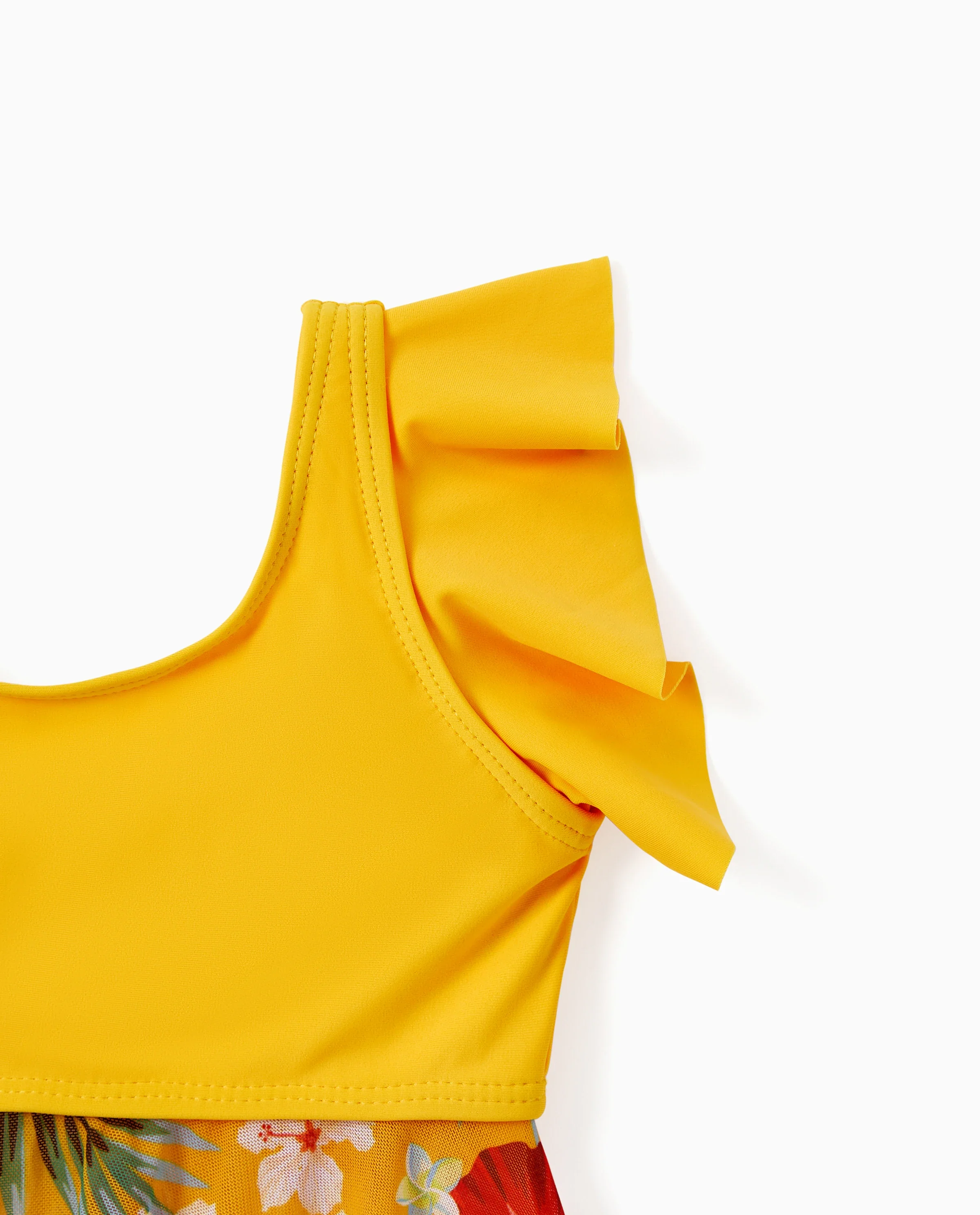 Daddy & Daughter Floral Drawstring Swim Trunks or Flowy Spliced Mesh Swim Dress with Triangle Swim Bottom Yellow - Image 6