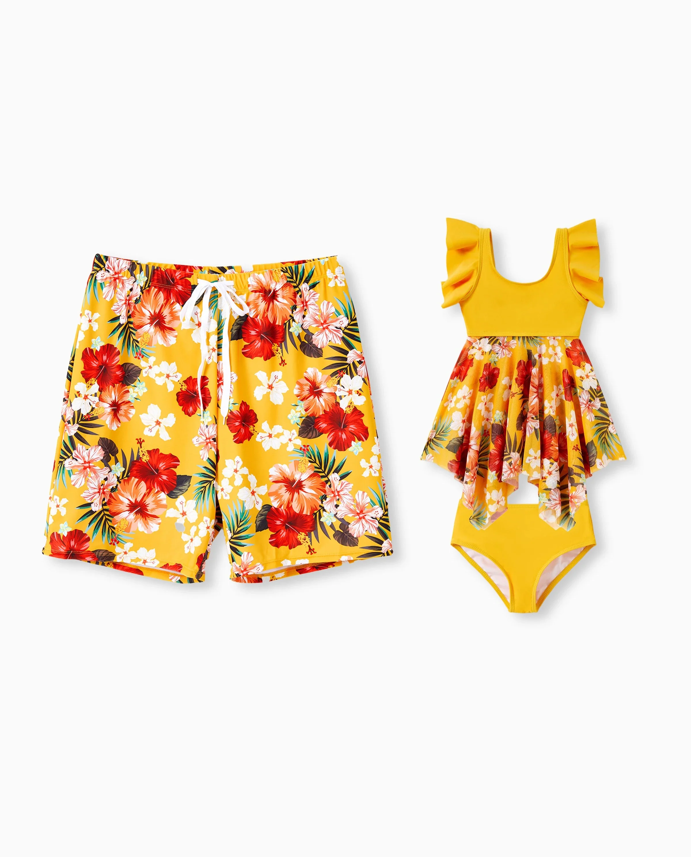 Daddy & Daughter Floral Drawstring Swim Trunks or Flowy Spliced Mesh Swim Dress with Triangle Swim Bottom Yellow - Image 7