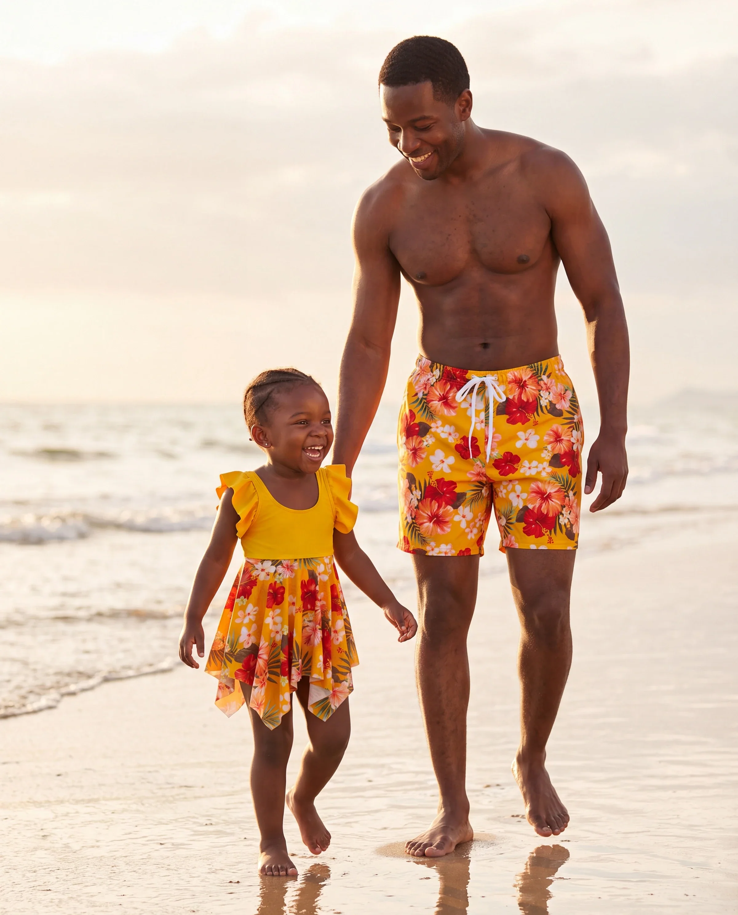 Daddy & Daughter Floral Drawstring Swim Trunks or Flowy Spliced Mesh Swim Dress with Triangle Swim Bottom Yellow - Image 8