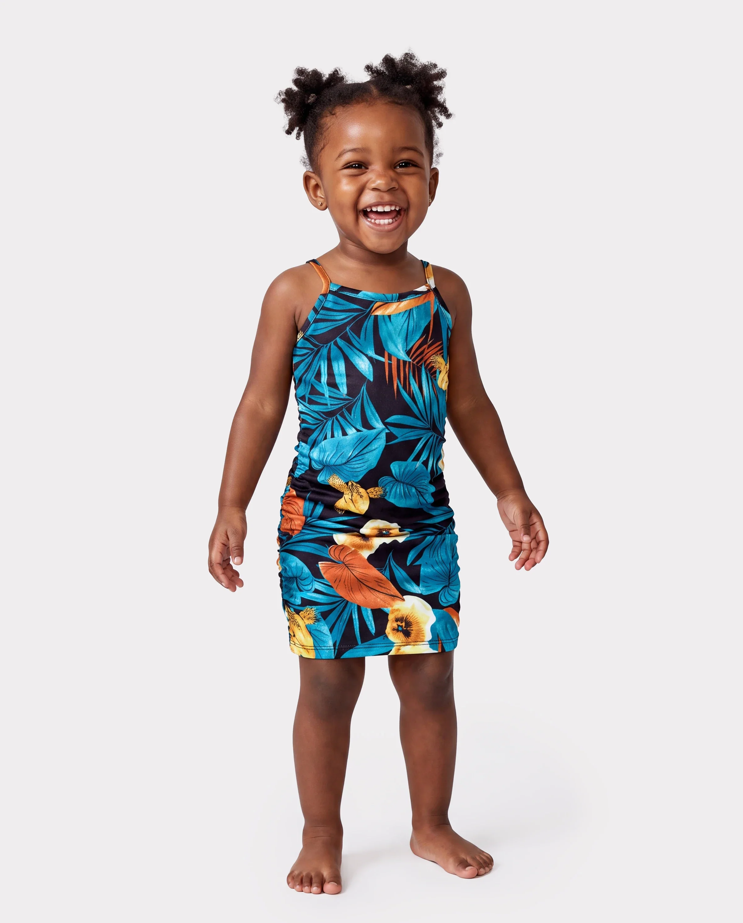 Daddy & Daughter Floral Panel T-shirt and Floral Ruched Drawstring Side Strap Dress Sets Black - Image 3