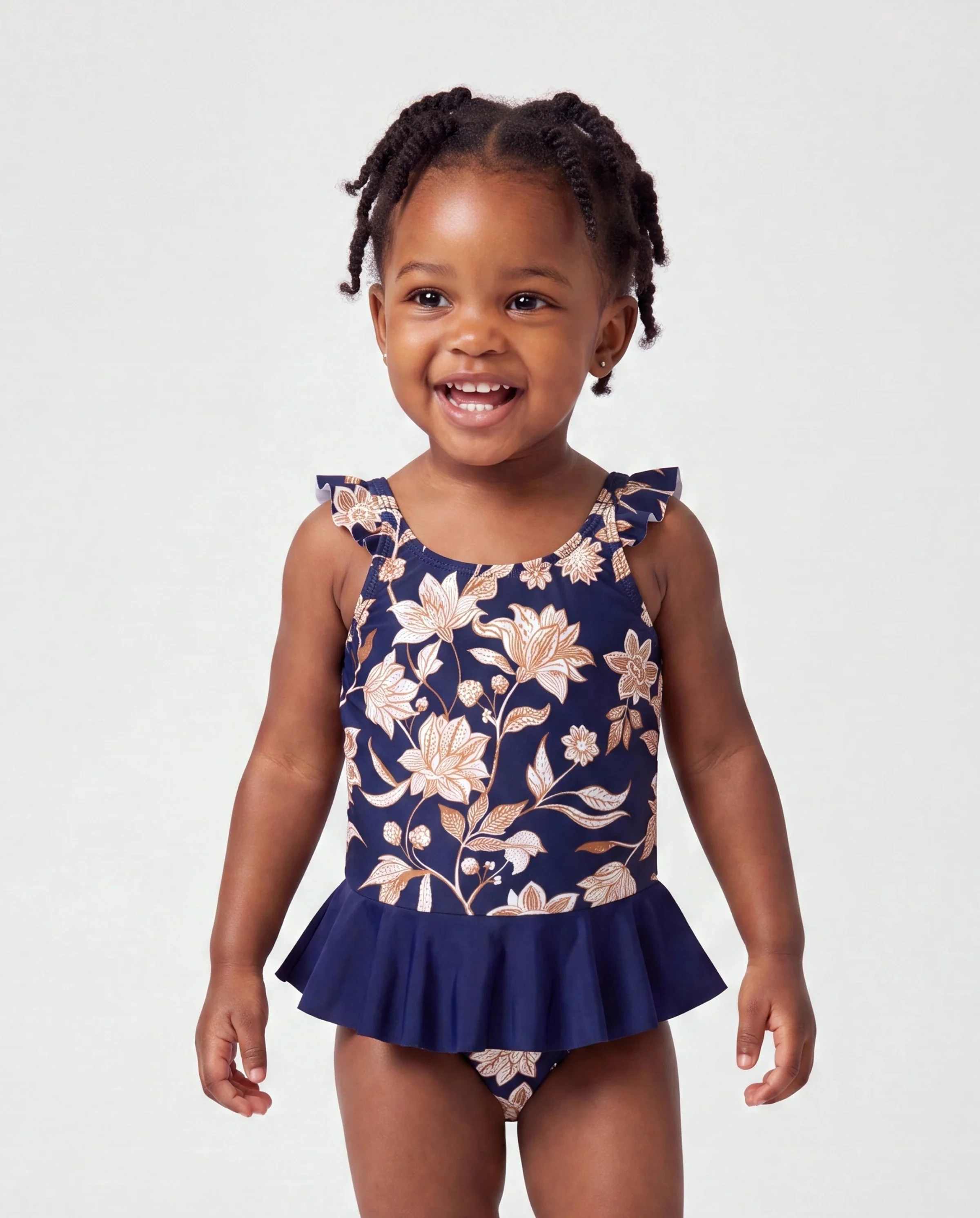 Daddy & Daughter Floral Print Swimsuits 2-in-1 One-Piece Swimsuit & Swim Trunks Deep Blue - Image 3