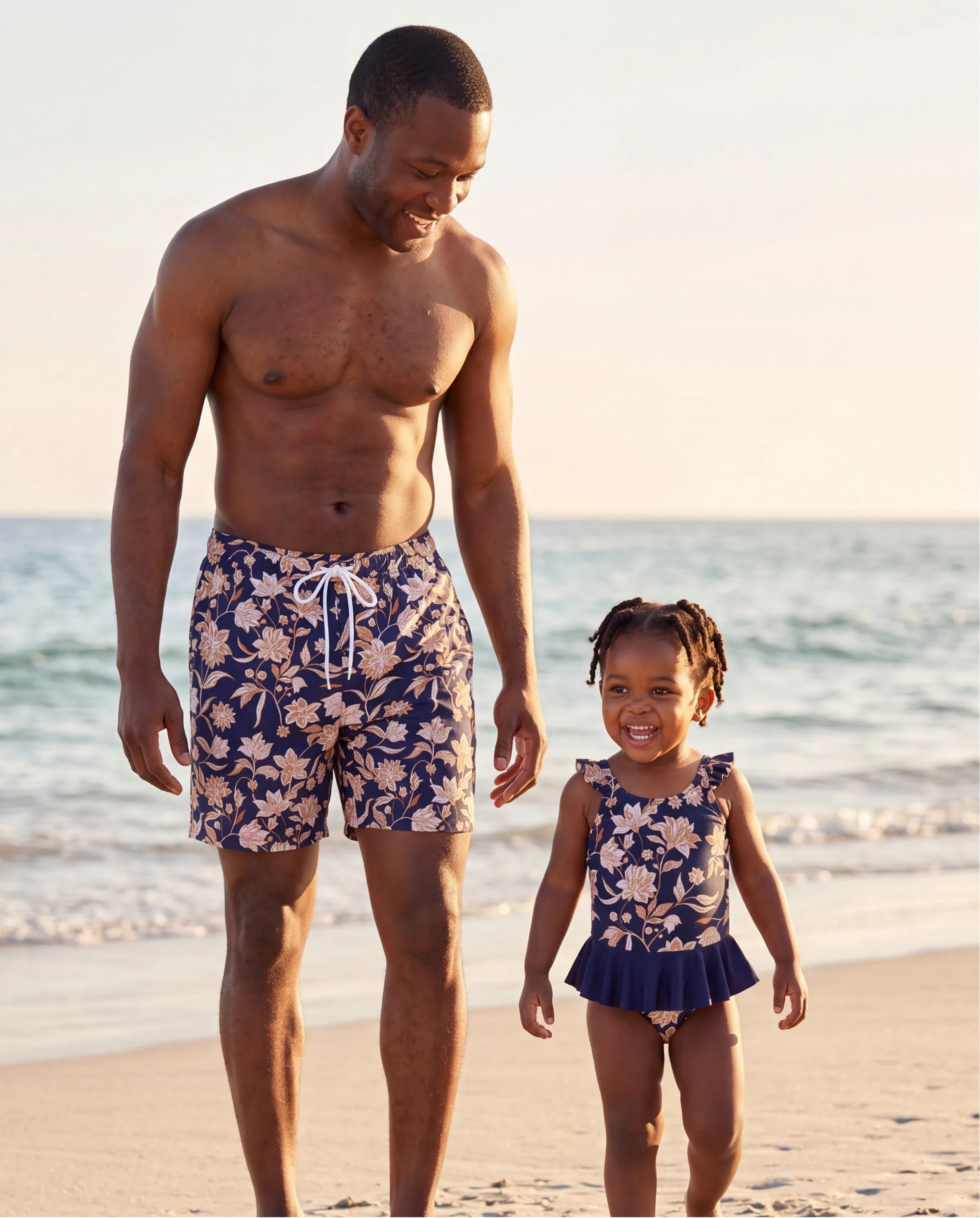 Daddy & Daughter Floral Print Swimsuits 2-in-1 One-Piece Swimsuit & Swim Trunks Deep Blue - Image 8