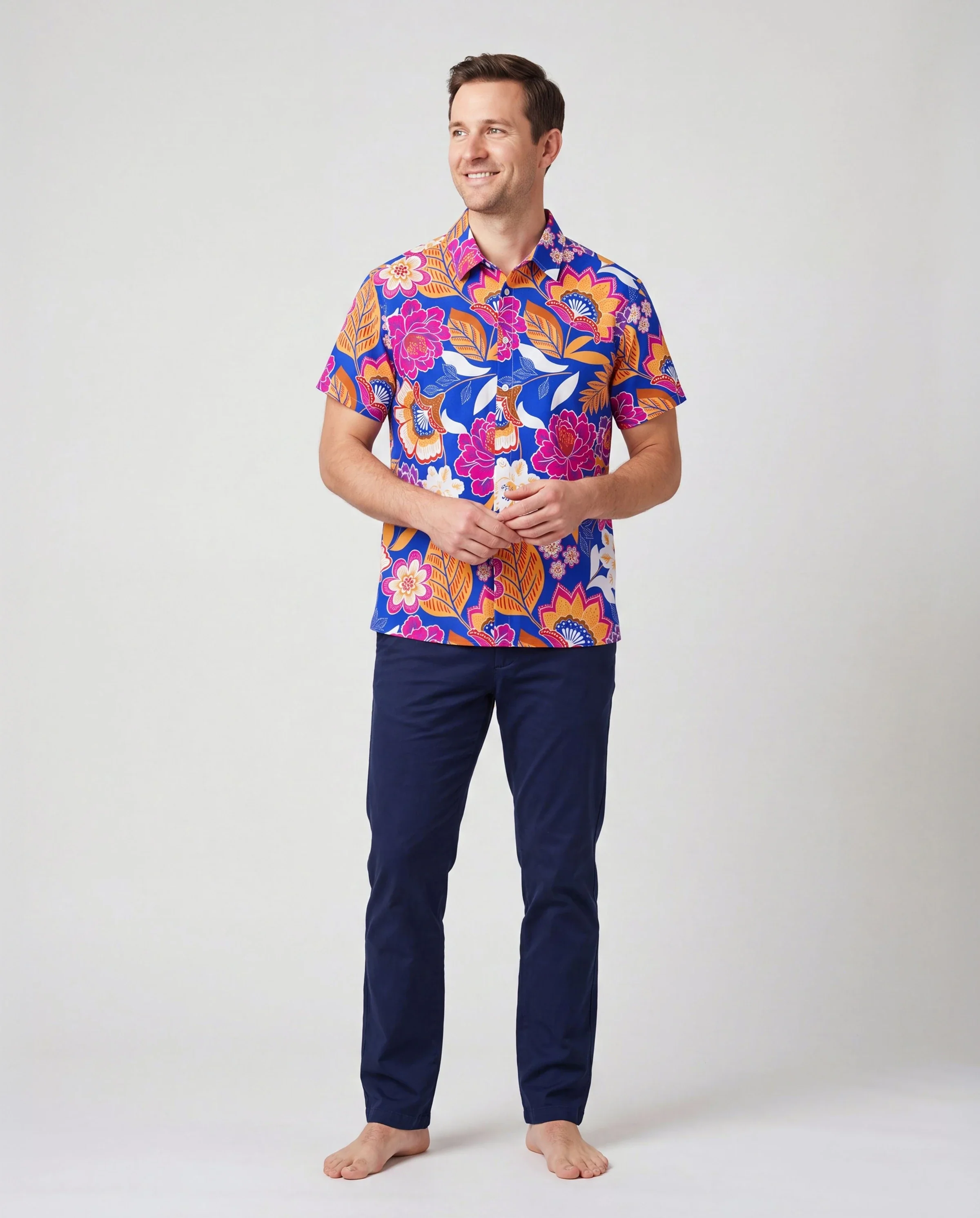 Daddy & Daughter Hawaiian Outfits Tropical Floral Print Vacation Clothes Strap Belted Dress or Short-sleeve Shirts Summer Beachwear Set Navy - Image 2
