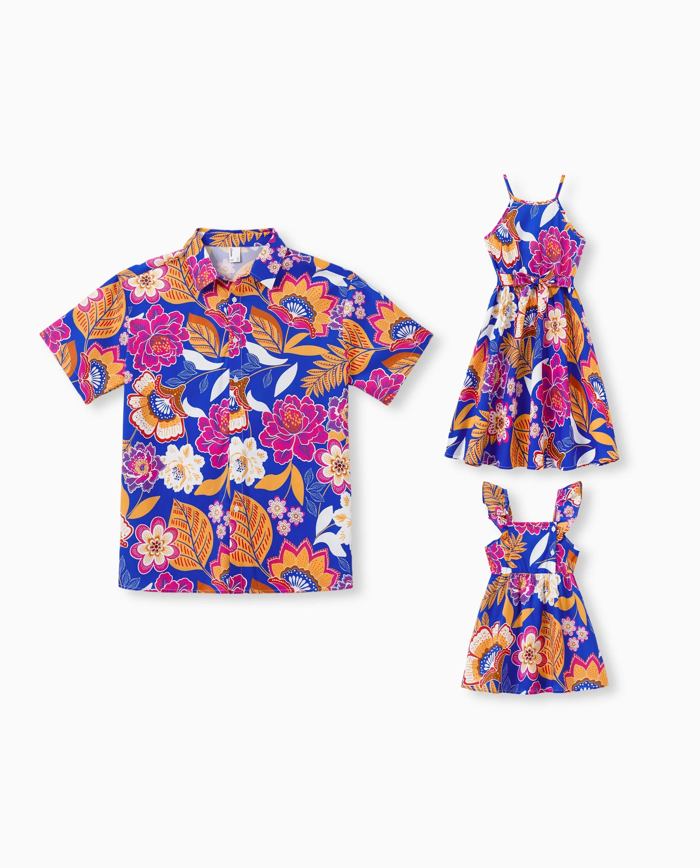 Daddy & Daughter Hawaiian Outfits Tropical Floral Print Vacation Clothes Strap Belted Dress or Short-sleeve Shirts Summer Beachwear Set Navy - Image 8