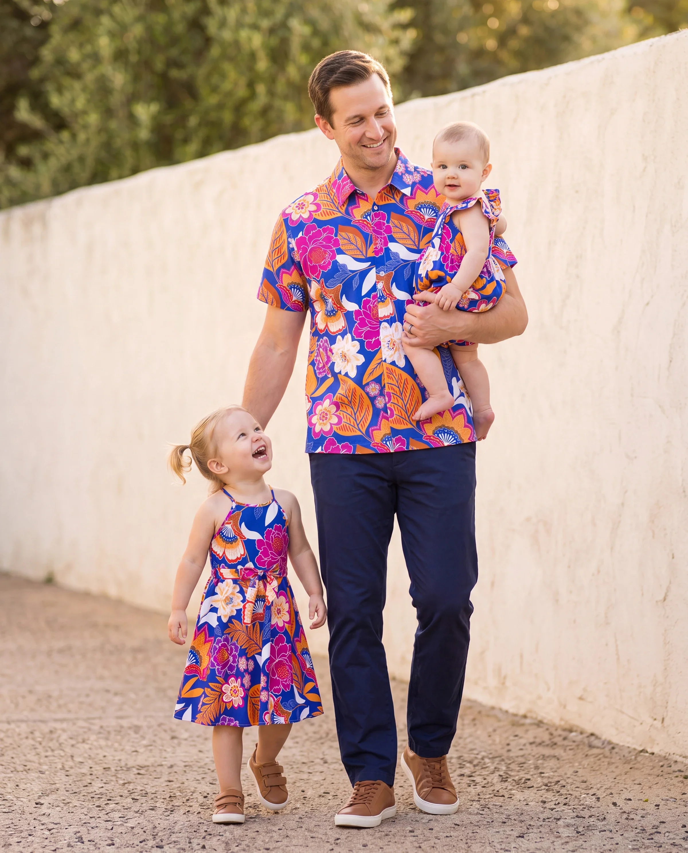 Daddy & Daughter Hawaiian Outfits Tropical Floral Print Vacation Clothes Strap Belted Dress or Short-sleeve Shirts Summer Beachwear Set Navy - Image 9