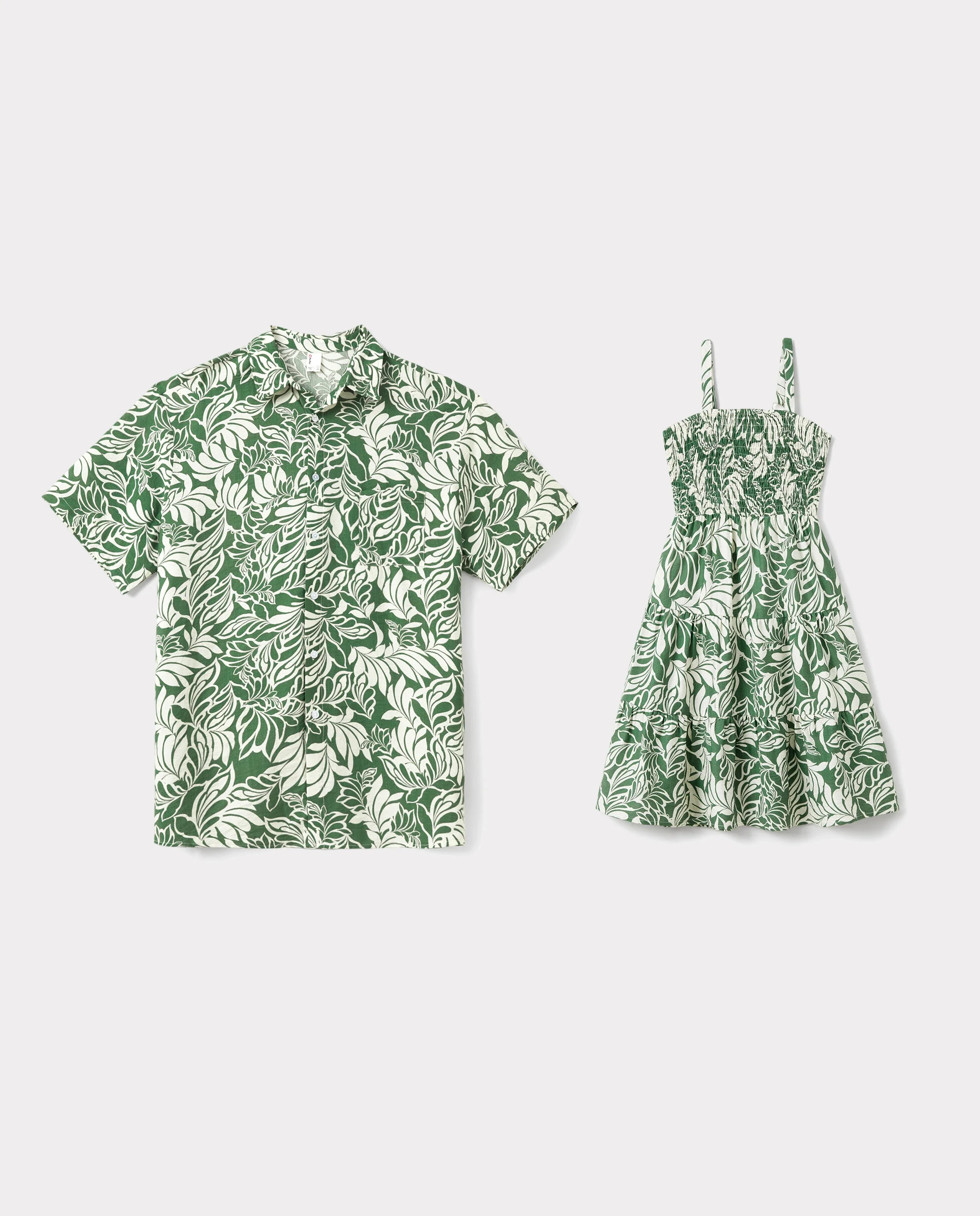 Daddy & Daughter Leaf Print Short-sleeve Shirt or Halter Dress Green Set Green - Image 8