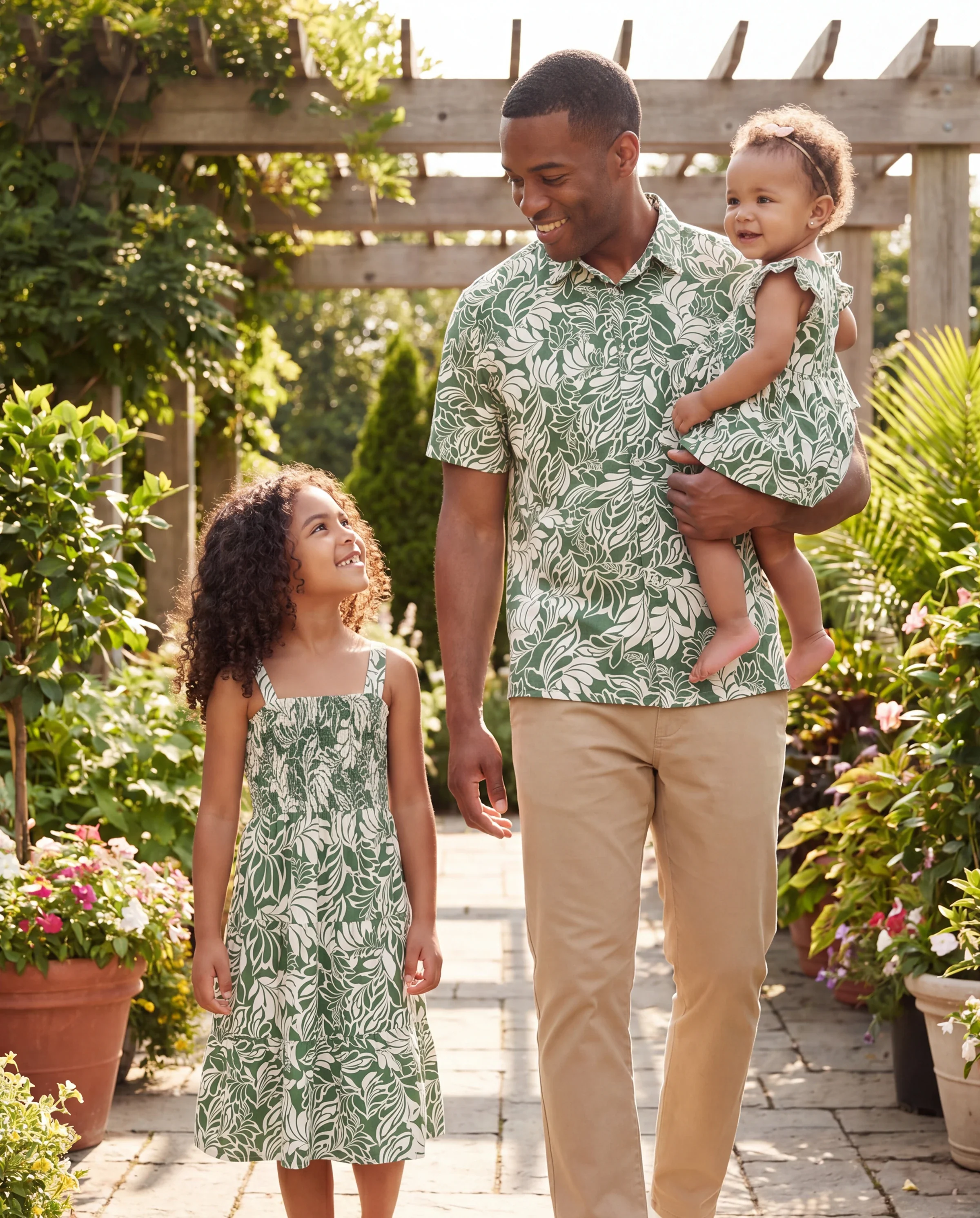 Daddy & Daughter Leaf Print Short-sleeve Shirt or Halter Dress Green Set Green - Image 9