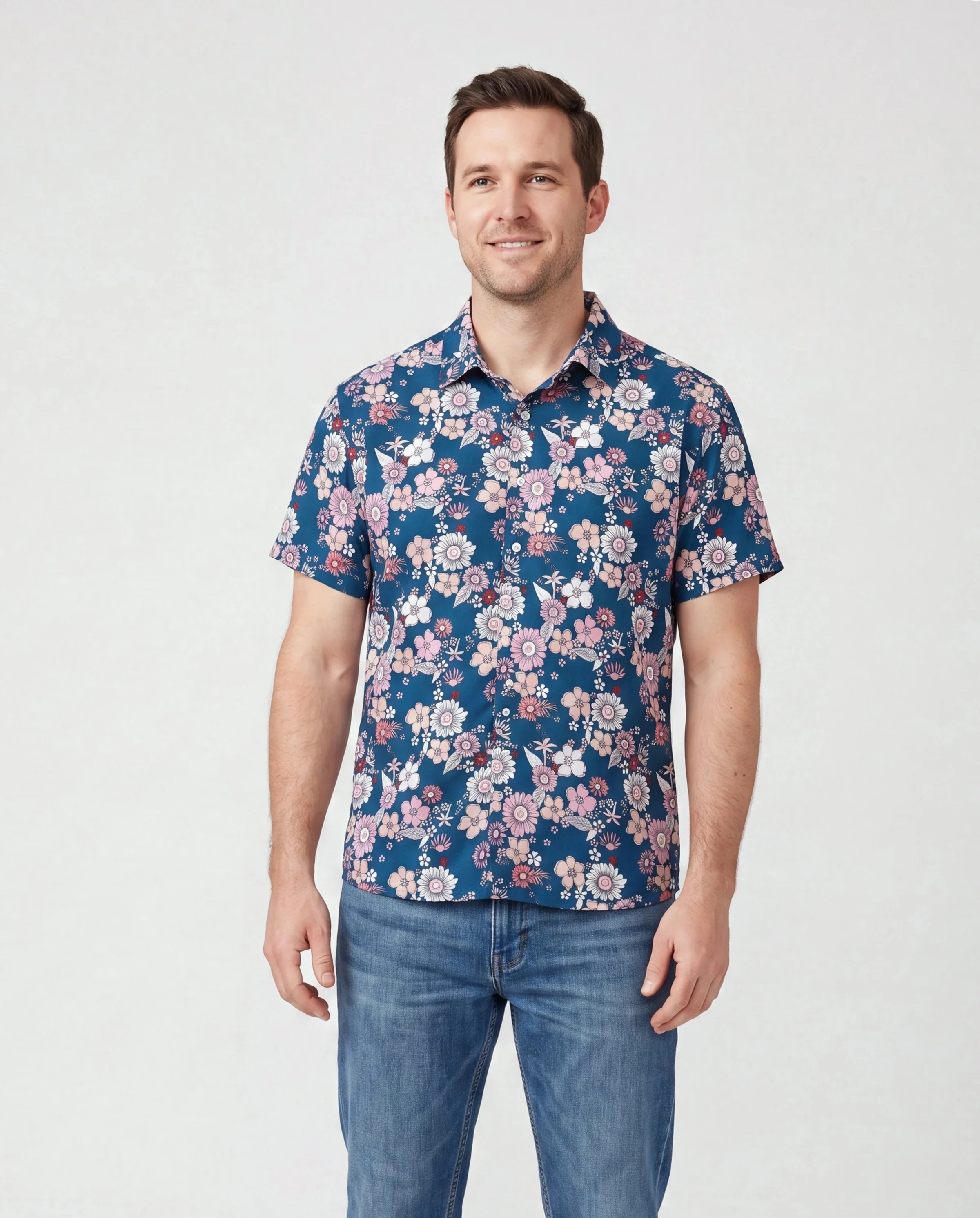 Daddy & Daughter outfits Floral Allover Print Short-sleeve Collar Shirt or Halter Sleeveless Dress for Summer Vacation CYAN- - Image 2