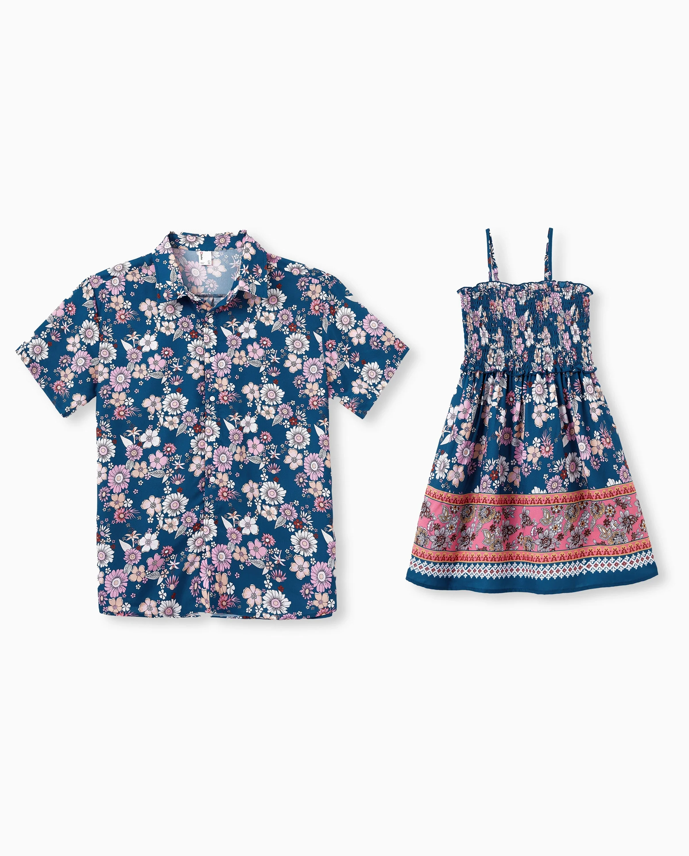 Daddy & Daughter outfits Floral Allover Print Short-sleeve Collar Shirt or Halter Sleeveless Dress for Summer Vacation CYAN- - Image 7