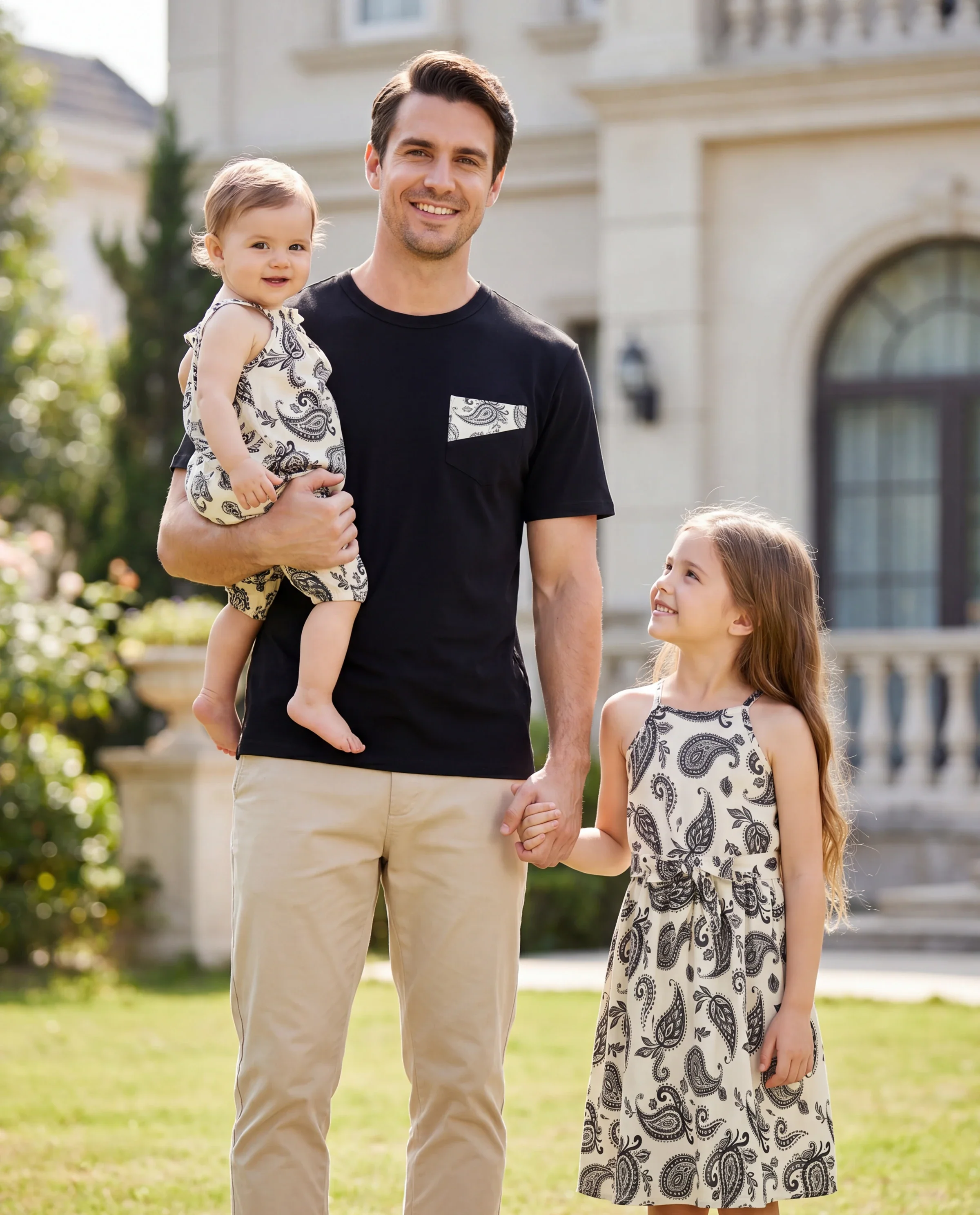 Daddy & Daughter Paisley Print Outfits Sleeveless Spaghetti Strap Dress & Cotton T-Shirt for Mom, Dad, & Kids Perfect for Family Outings & Photos Black - Image 9
