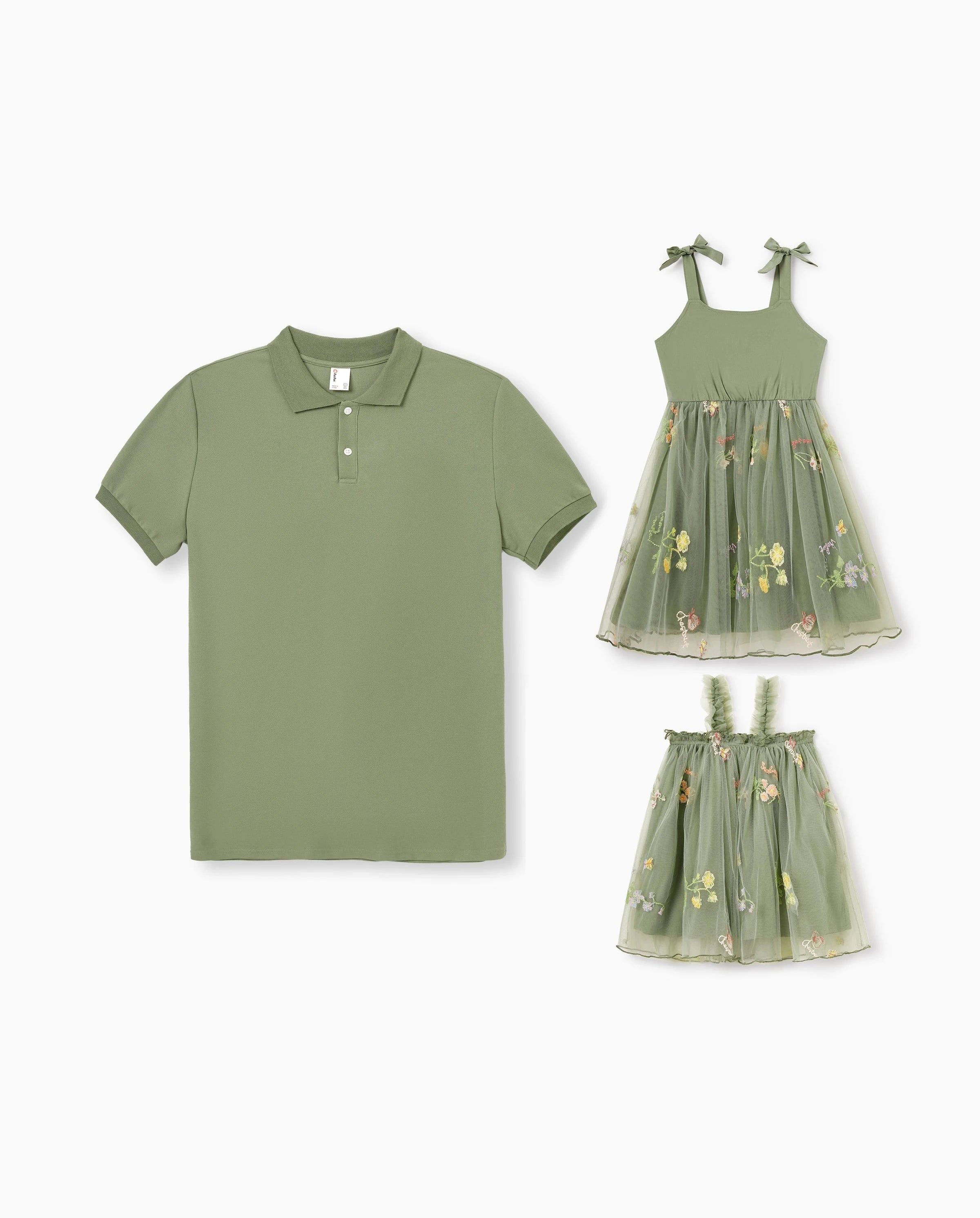 Daddy & Daughter Polo Collar Short-sleeve Shirt or V-neck Strappy Mesh Dress Green - Image 8