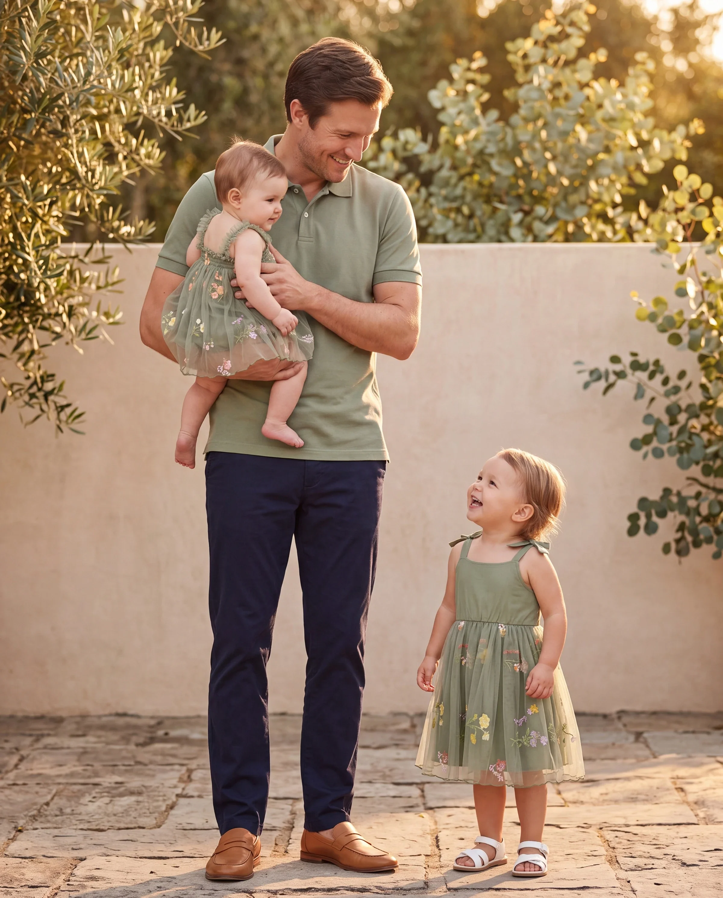 Daddy & Daughter Polo Collar Short-sleeve Shirt or V-neck Strappy Mesh Dress Green - Image 9