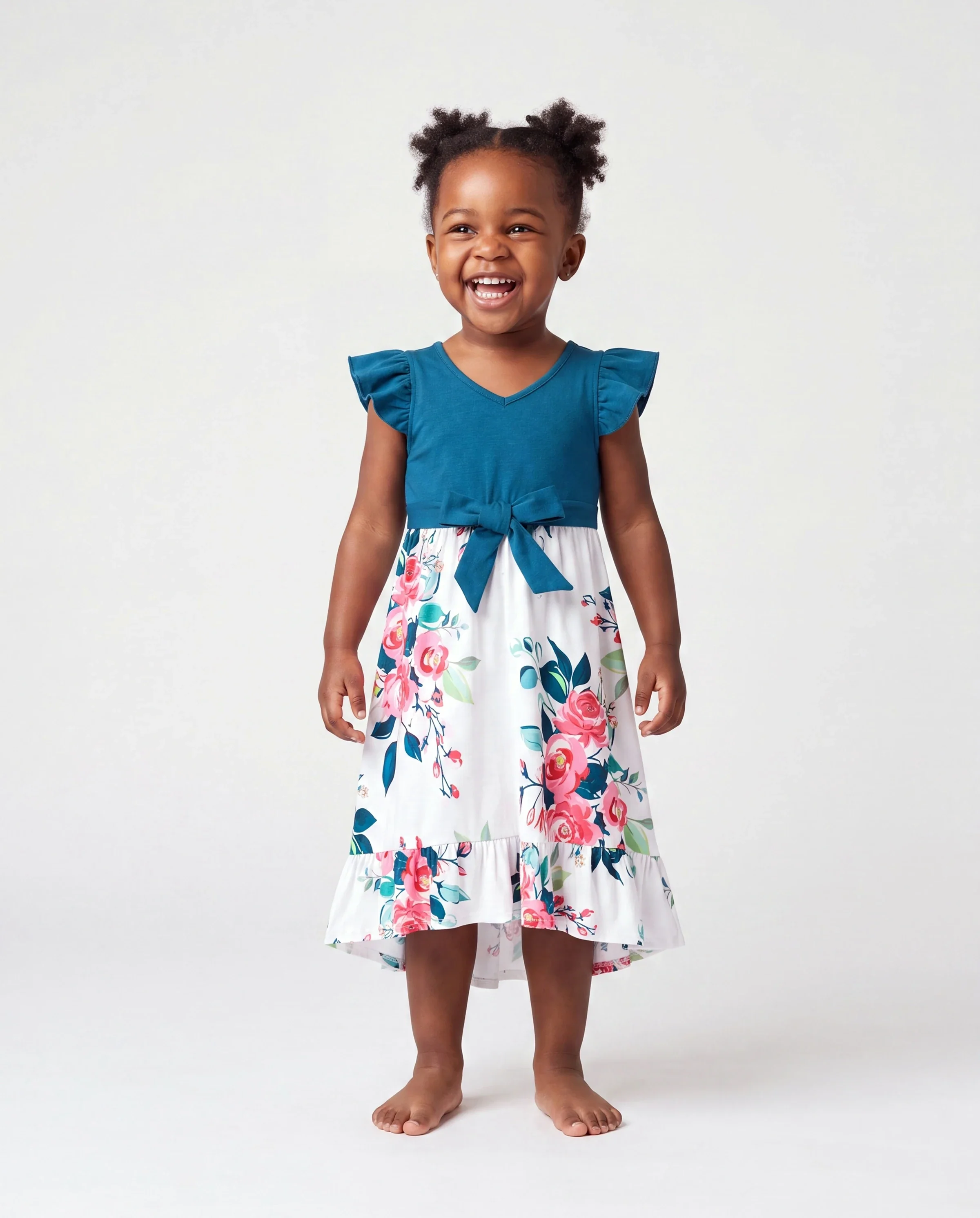 Daddy & Daughter Solid V Neck Flutter-sleeve Splicing Floral Print Dresses and Short-sleeve Colorblock T-shirts Sets Azure- - Image 3