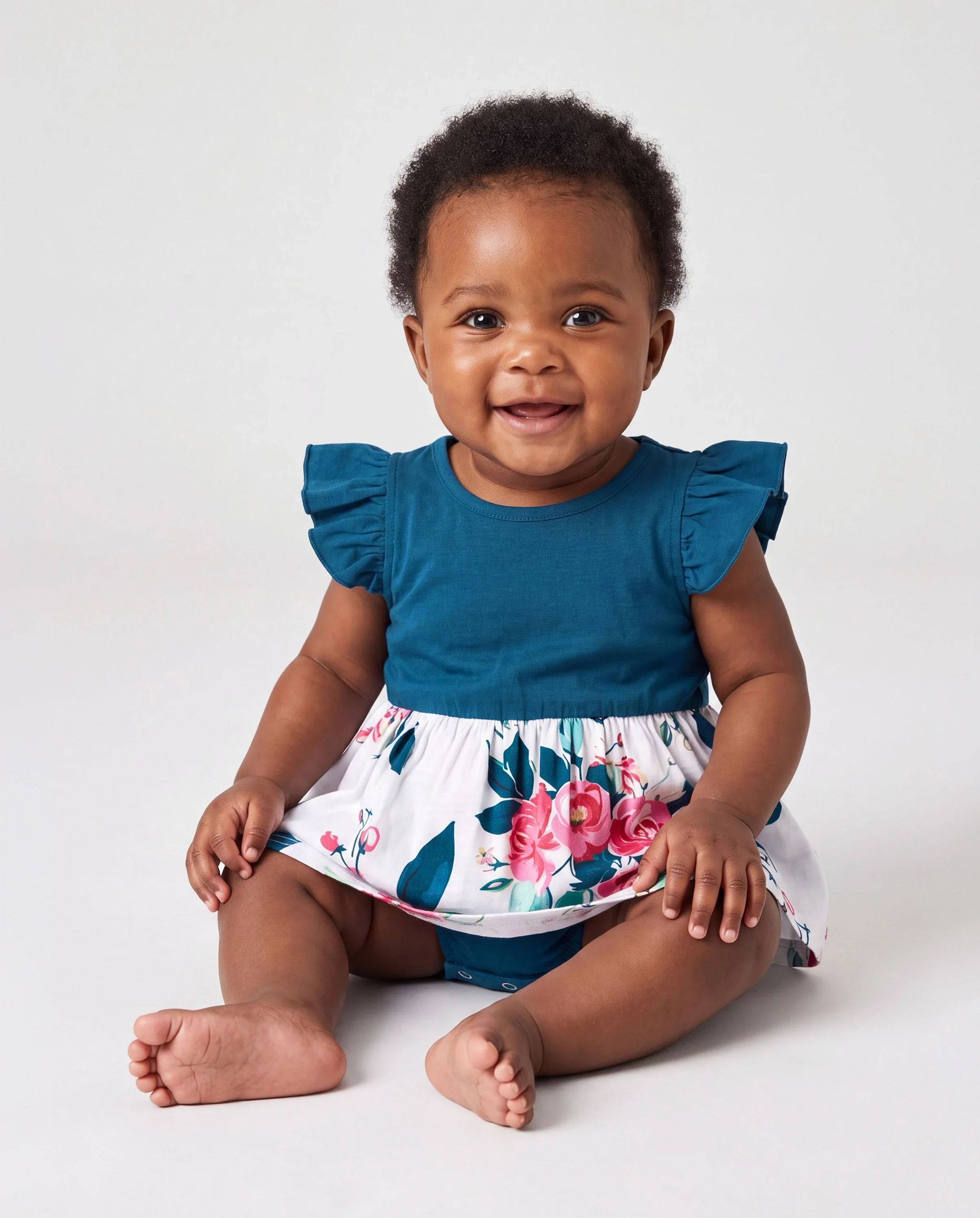 Daddy & Daughter Solid V Neck Flutter-sleeve Splicing Floral Print Dresses and Short-sleeve Colorblock T-shirts Sets Azure- - Image 4
