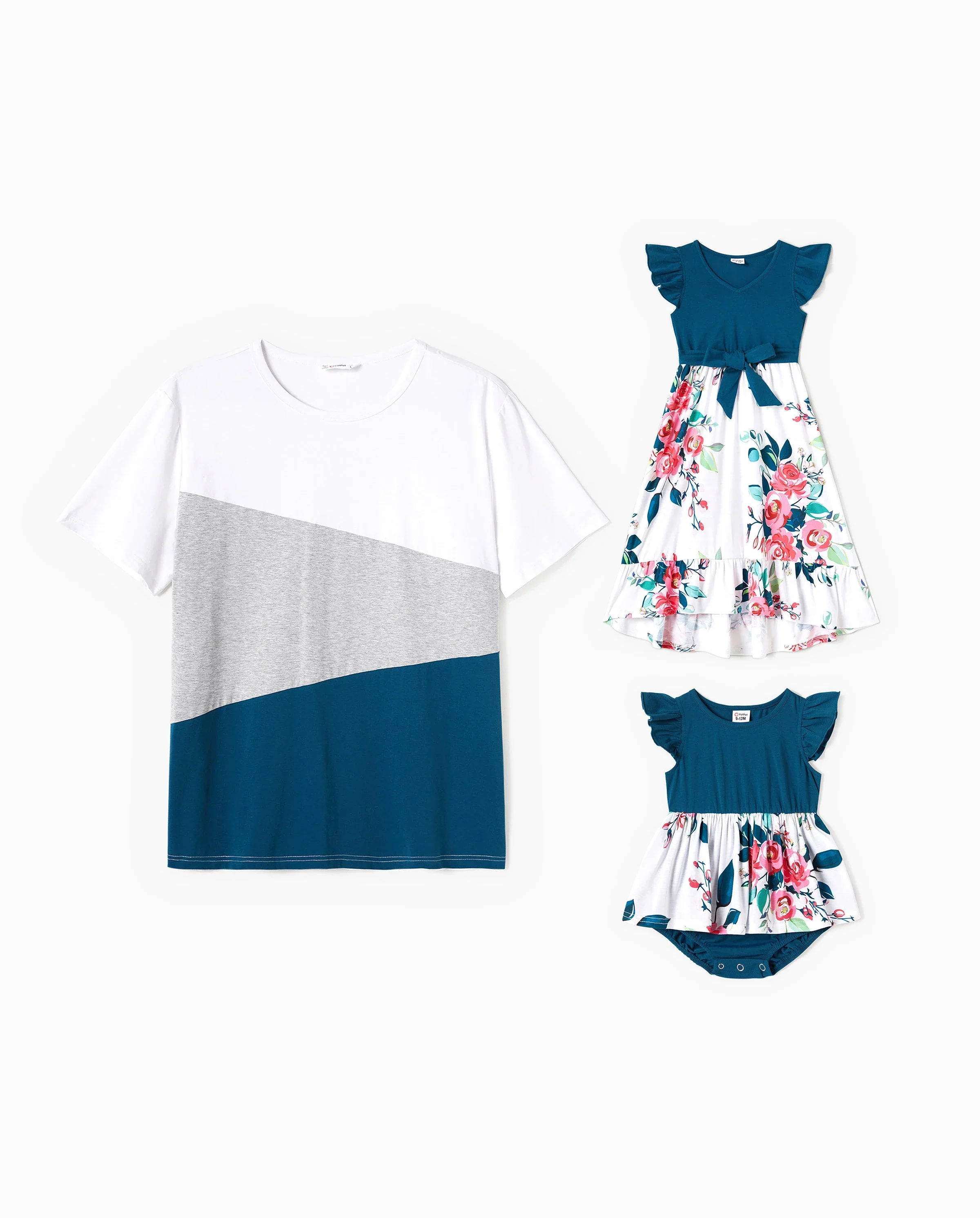 Daddy & Daughter Solid V Neck Flutter-sleeve Splicing Floral Print Dresses and Short-sleeve Colorblock T-shirts Sets Azure- - Image 8
